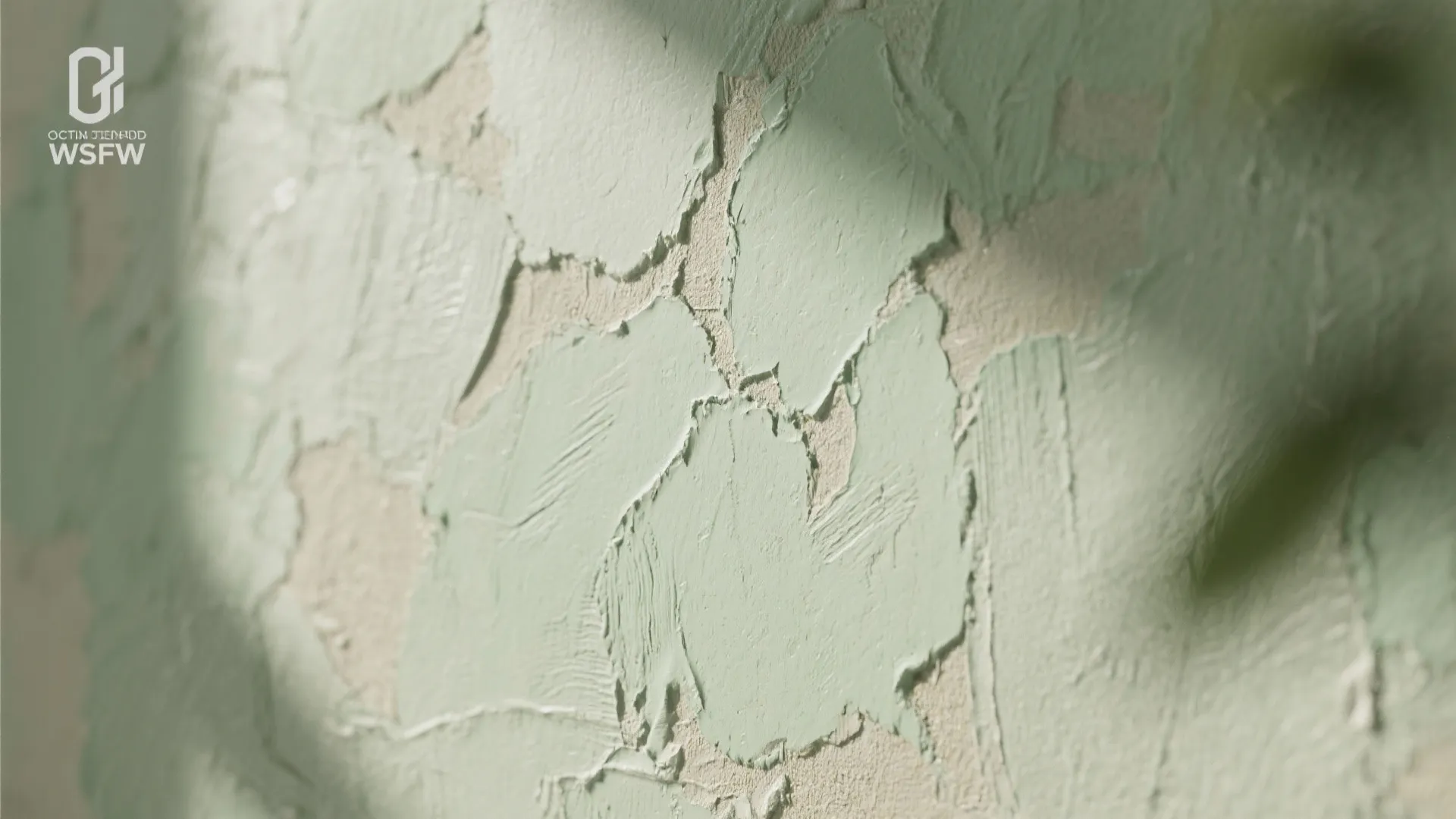 Close up view of textured light green paint applied to a wall with natural sunlight