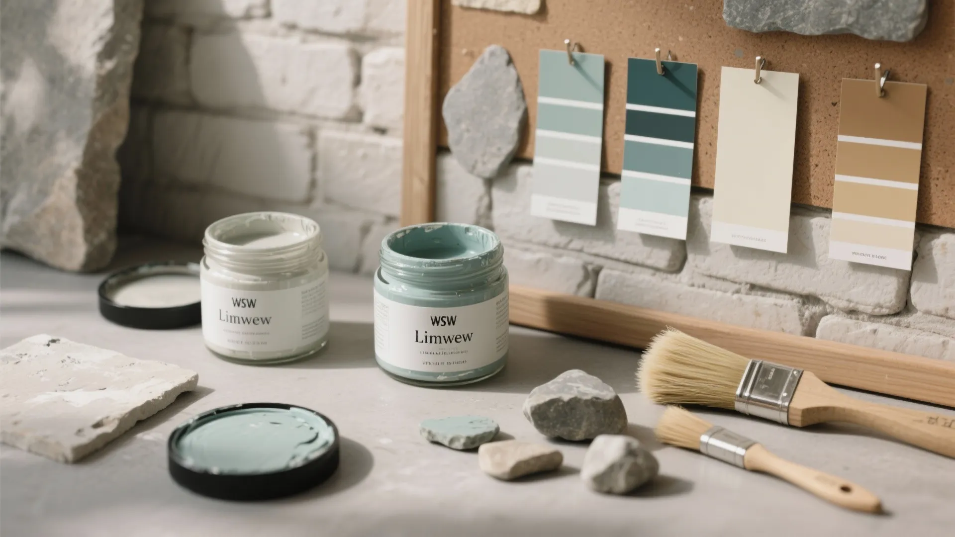 Two jars of wall paint with brushes color cards and small stones on a table