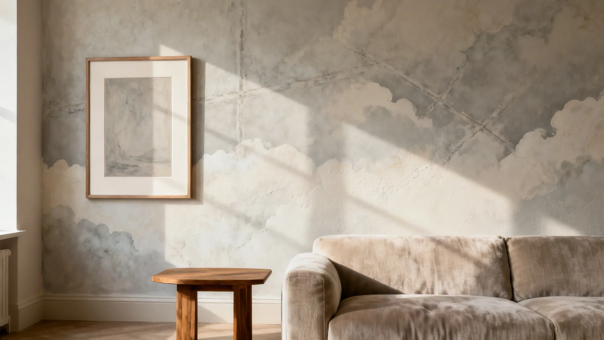 Limewashed living room wall with soft cloudlike texture behind a neutral sofa and matte-framed art.