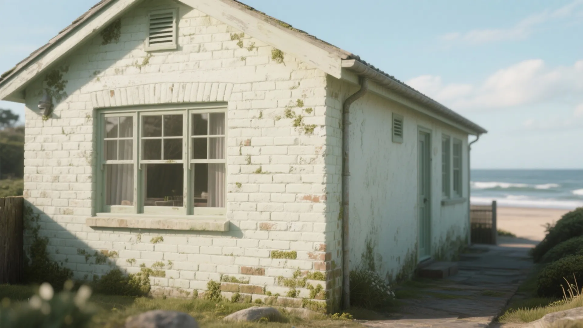 Small white brick house with green windows and moss near the beach on sunny day