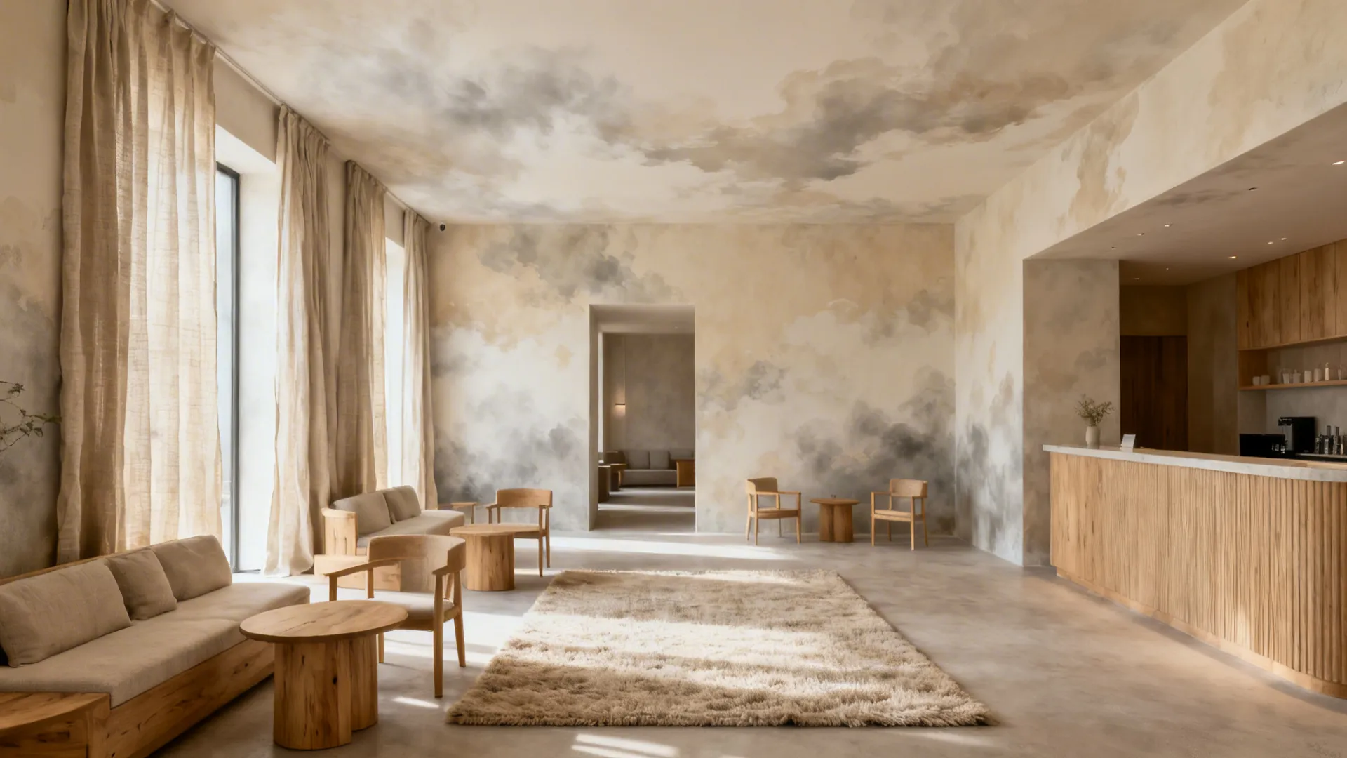 Misty beige limewash wall with soft movement in a cozy living room.