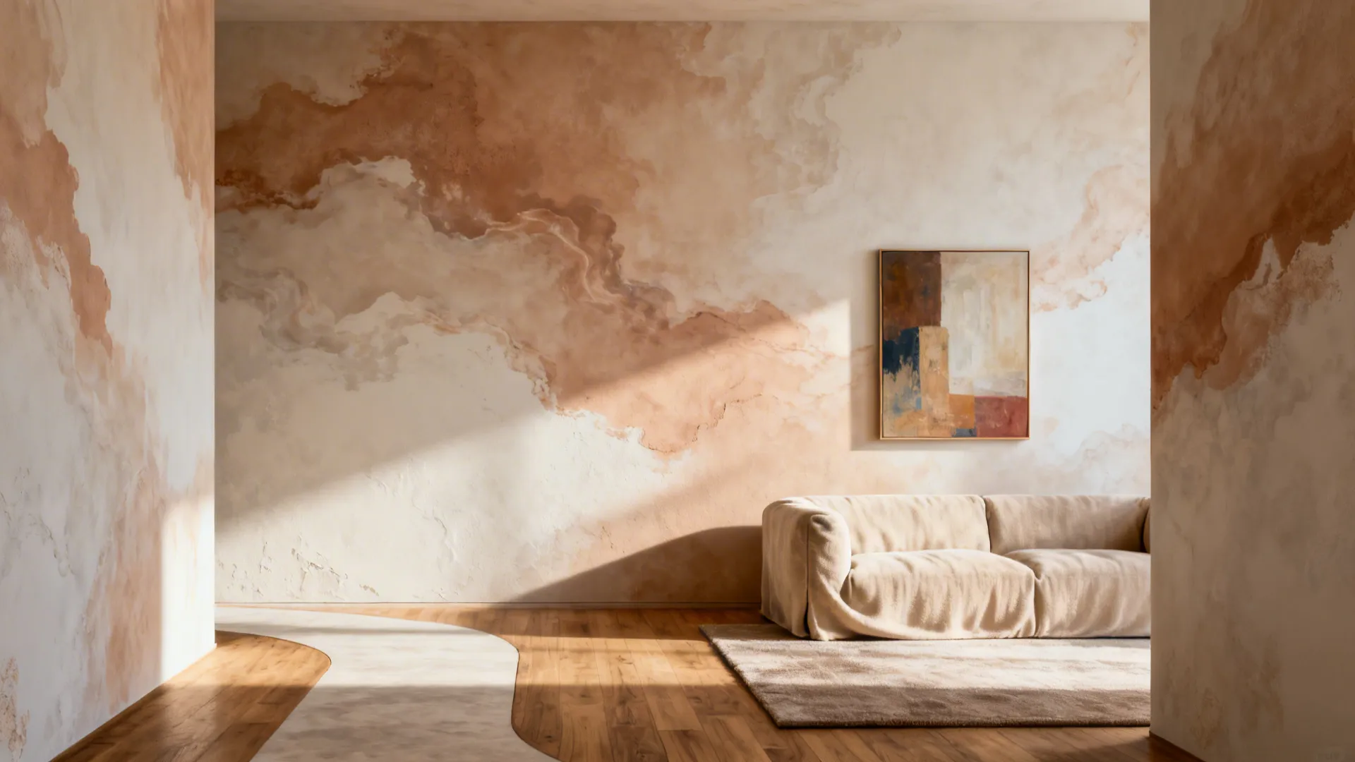 Ultra-matte clay limewash feature wall with soft cloud-like movement behind art in a small living room.