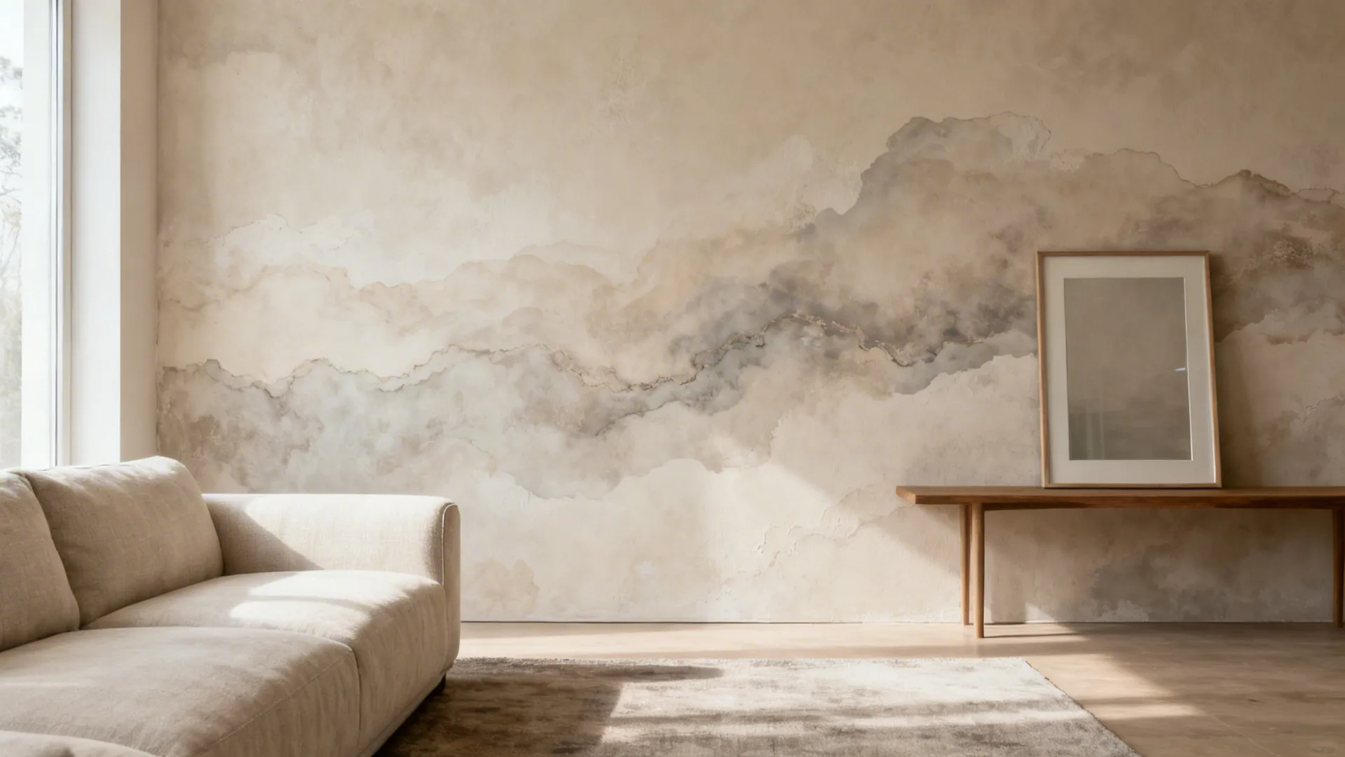 Limewash feature wall with soft, cloudy texture diffusing daylight in a small living room.