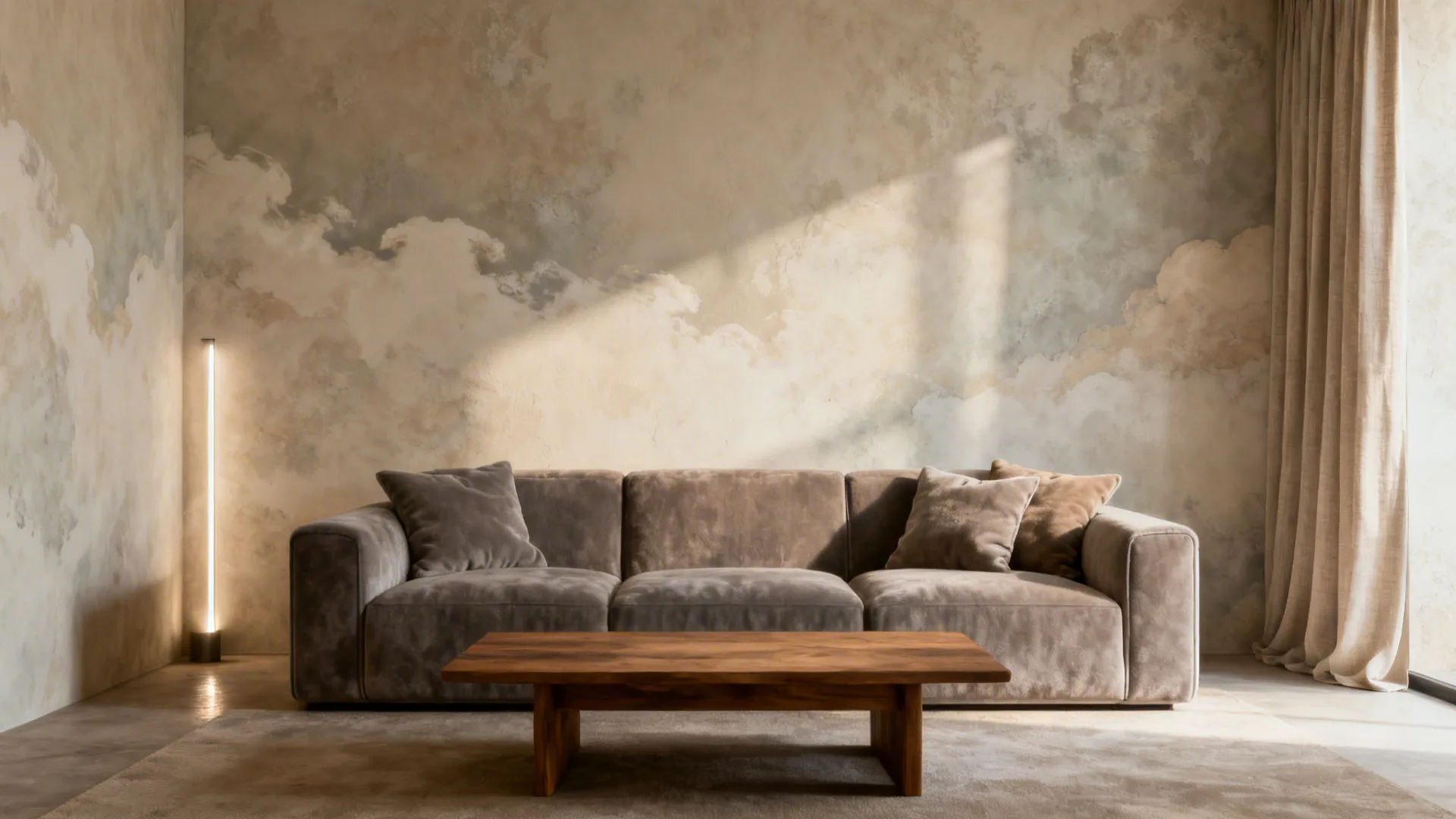 Limewash living room wall with soft cloud-like movement in warm stone tones.