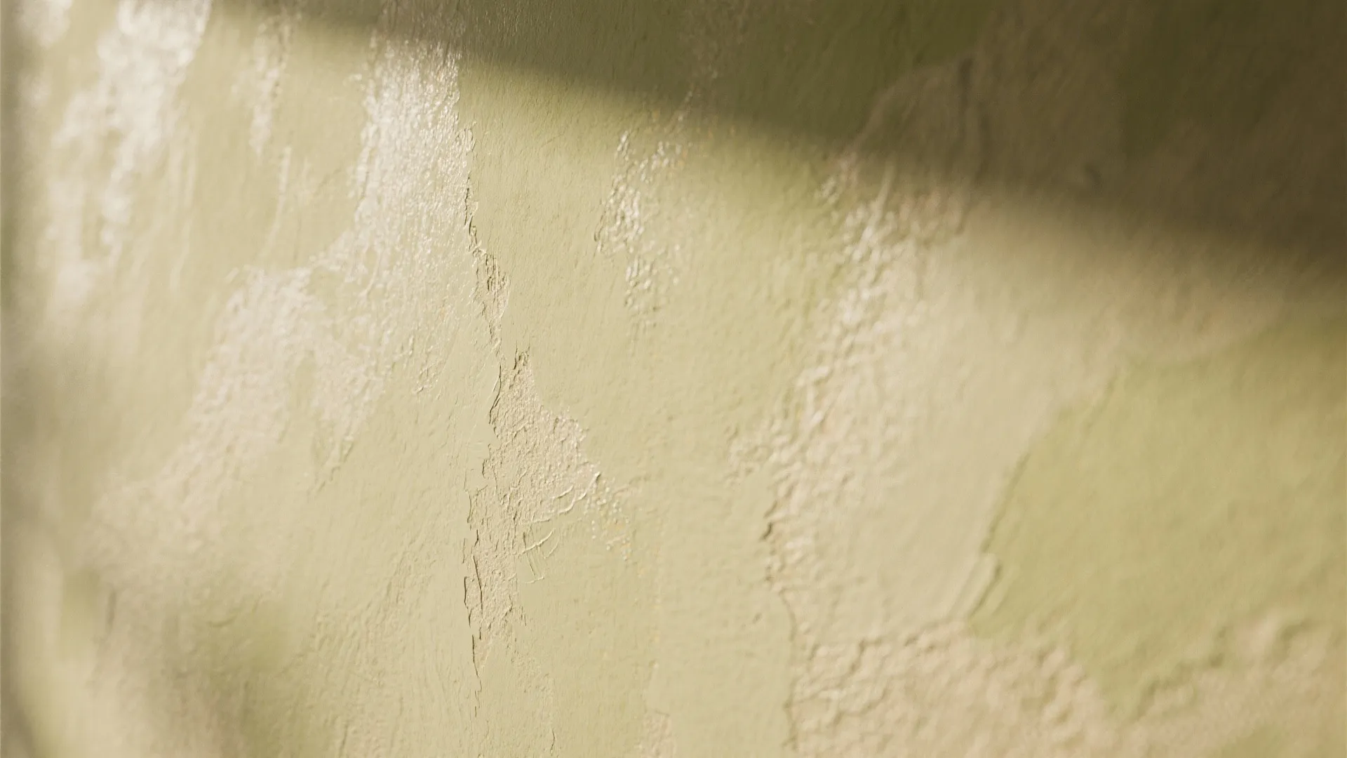 Close up view of light green textured wall paint with soft shadows and uneven surface