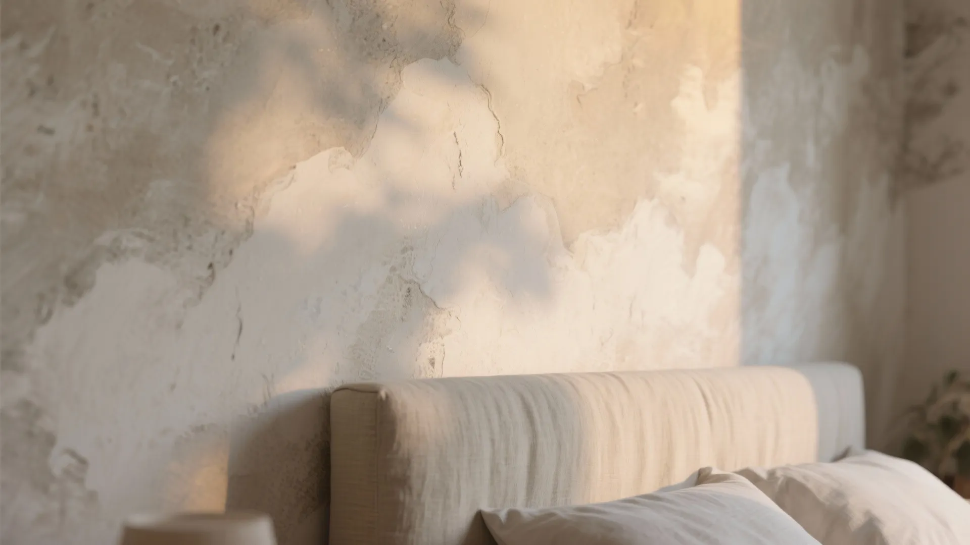 Textured beige wall with tree shadows behind a modern bed headboard and fluffy white pillows