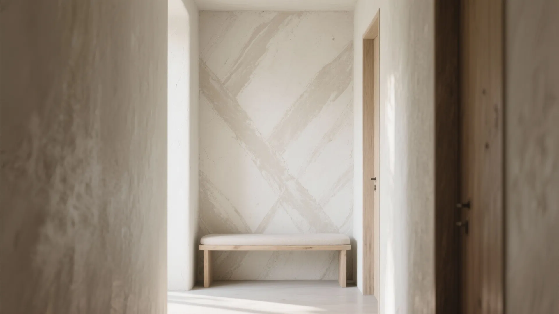 Minimalist hallway featuring a wooden bench against a textured lime wash wall with neutral tones