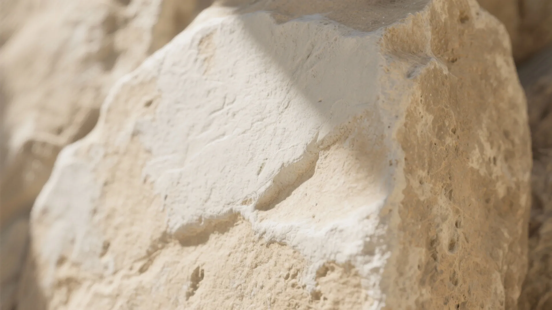Close up view of rough beige stone texture with natural light and soft shadows outdoors