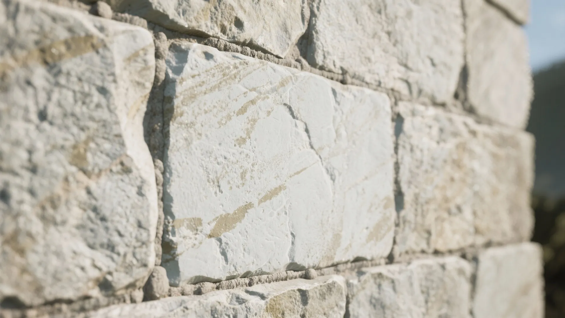 Close up view of natural light grey stone bricks with textured surface and visible joints