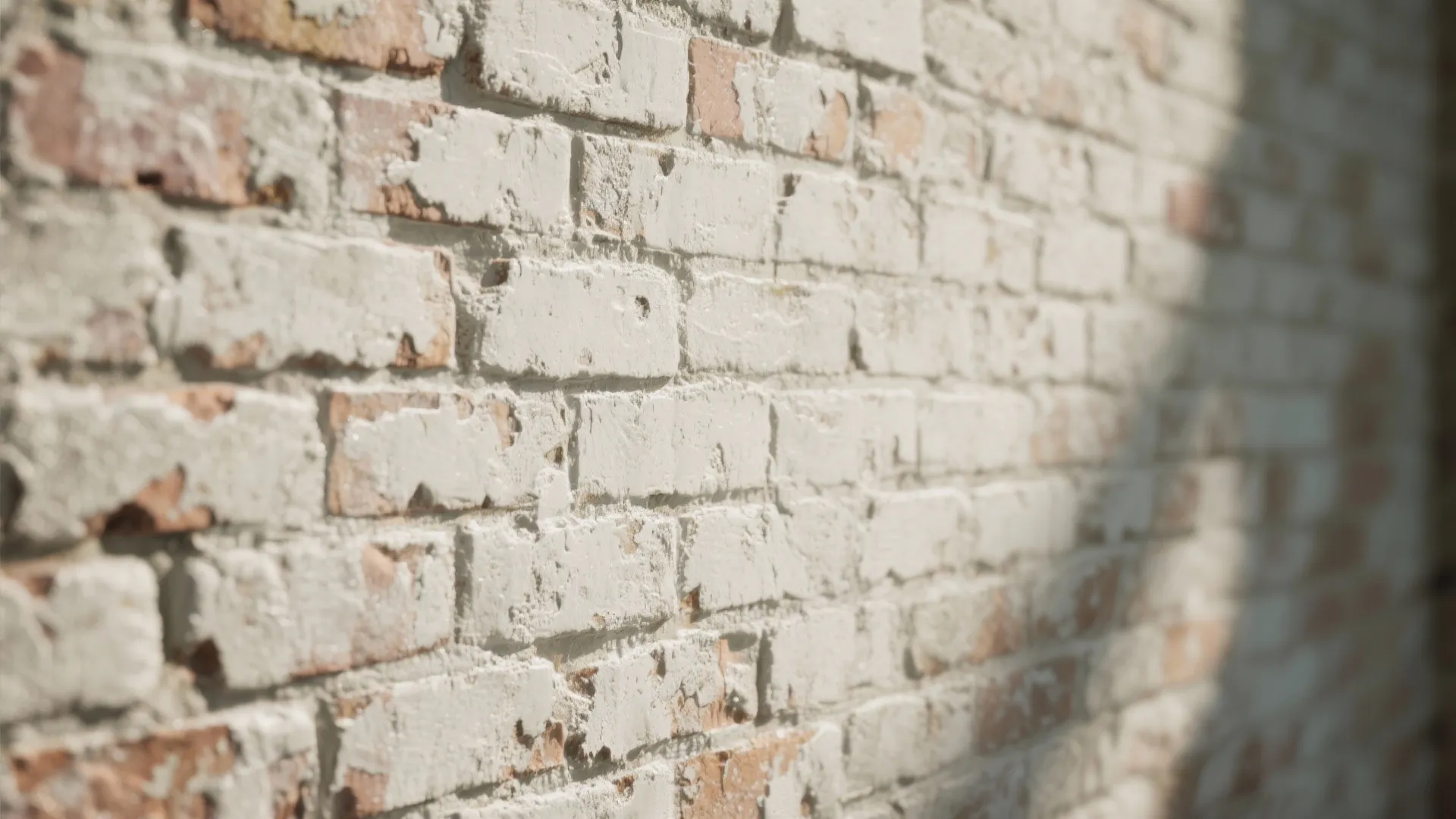 Close up side view of white painted brick wall with red bricks showing under paint