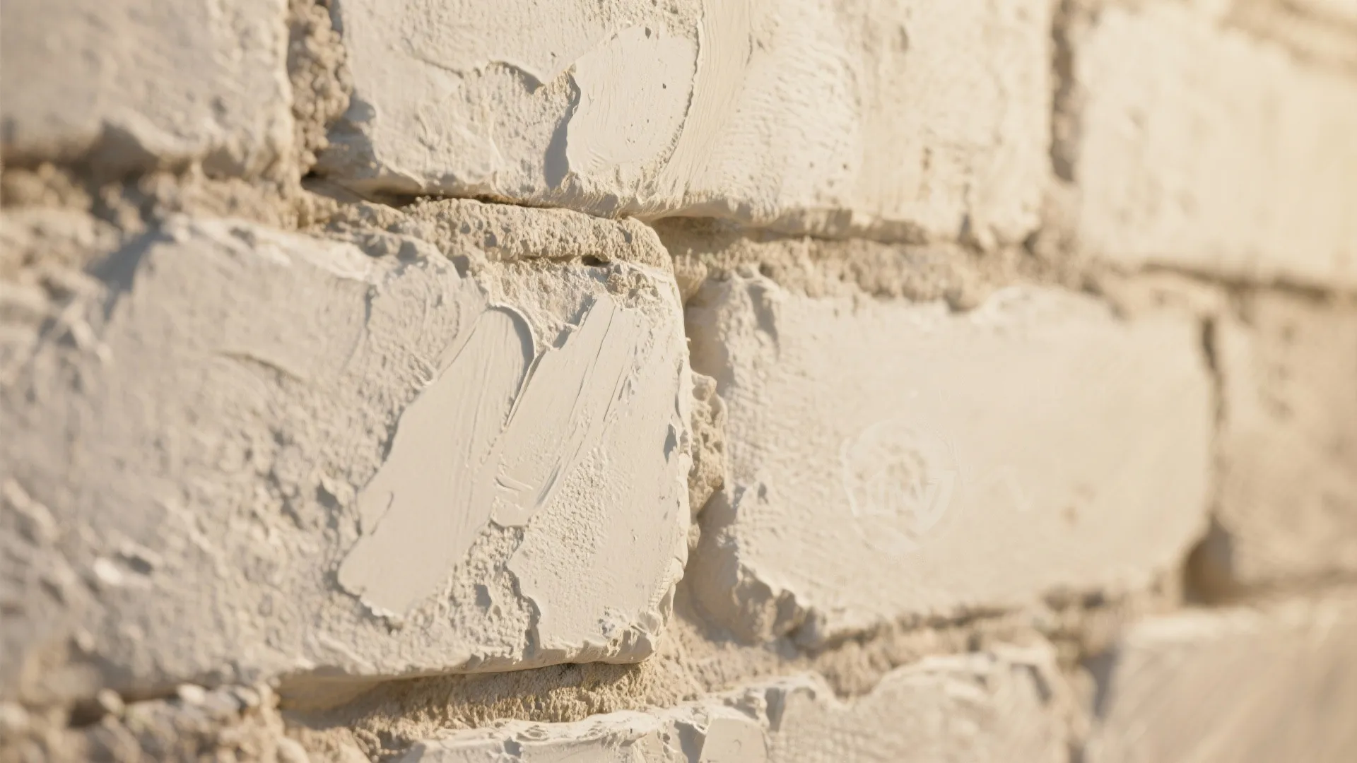 Close up view of light colored brick wall with thick textured plaster paint for home decoration