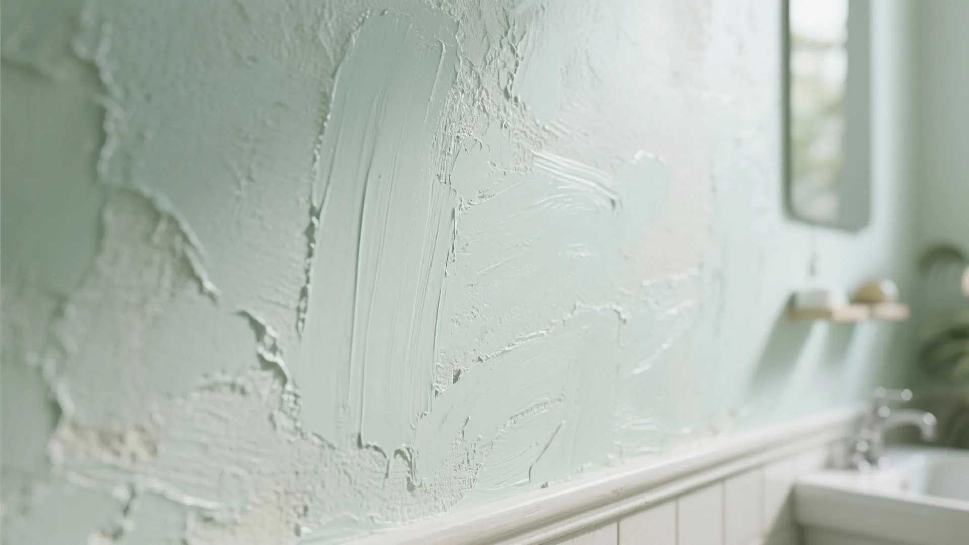 Light green textured paint applied to a wall with visible brush strokes in bright room
