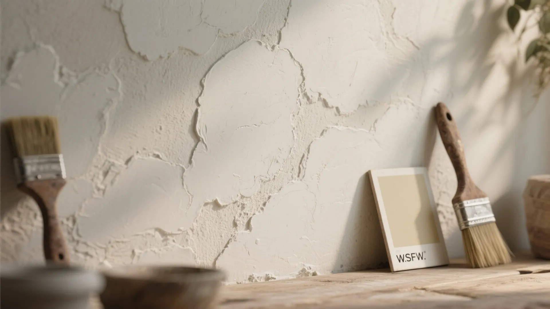 Close up of textured white wall with paint brushes, color swatch, and natural shadows on wood