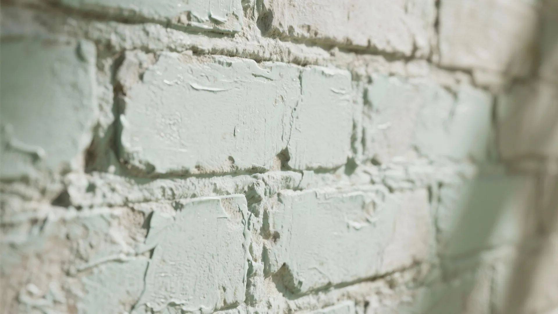 Close up of a textured brick wall painted in light green with visible thick brushstrokes
