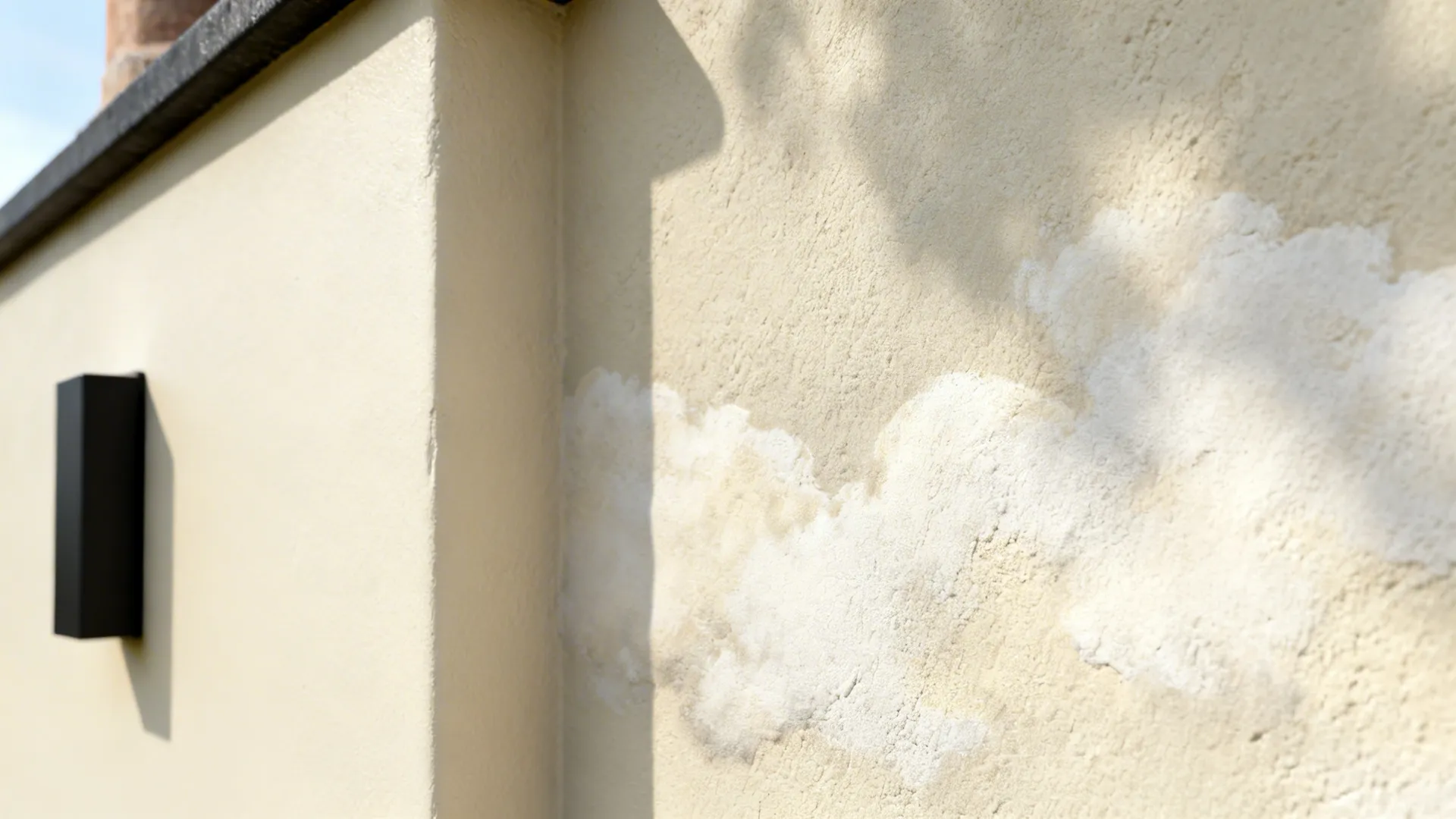 Macro of ivory limewash texture beside smooth emulsion with a slim black fixture.