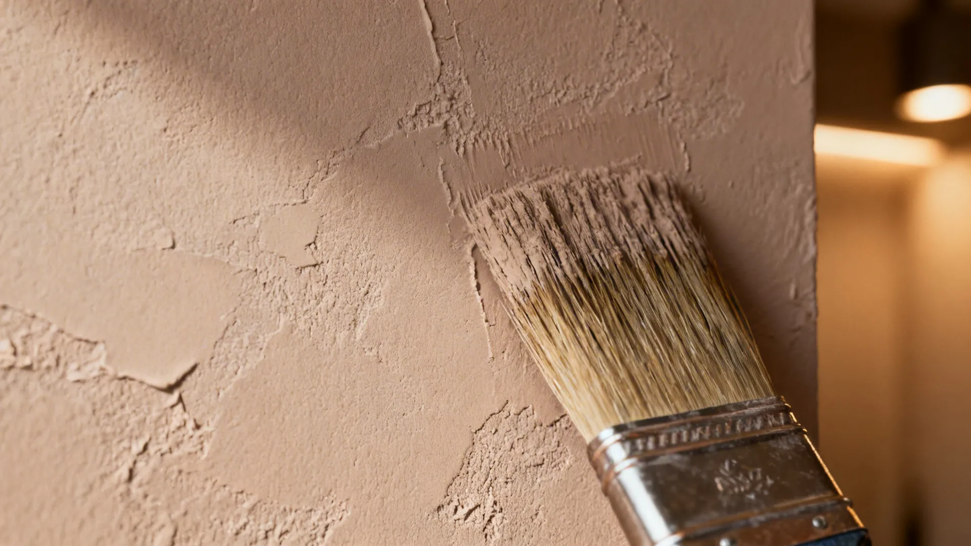 Close-up of warm taupe limewash textured wall showing plaster variations