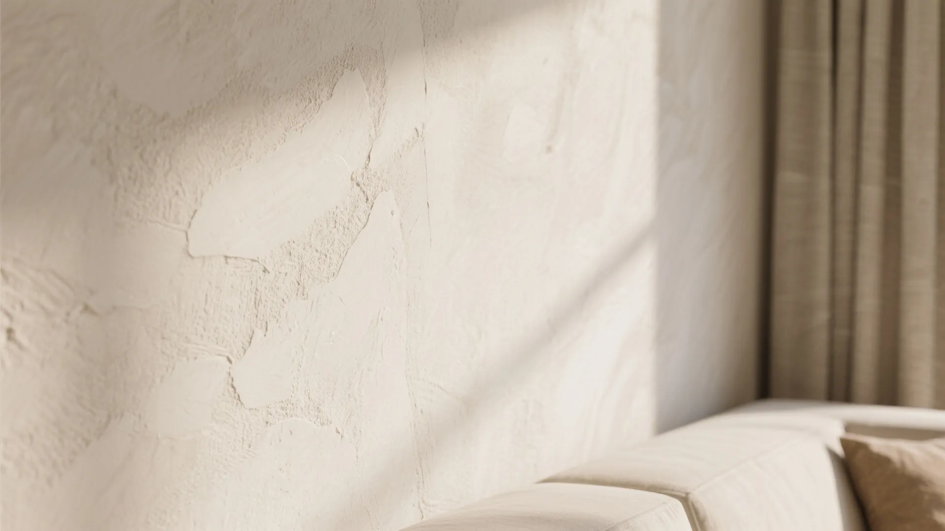 Close up of cream textured wall paint with soft sunlight shadows next to beige sofa cushions