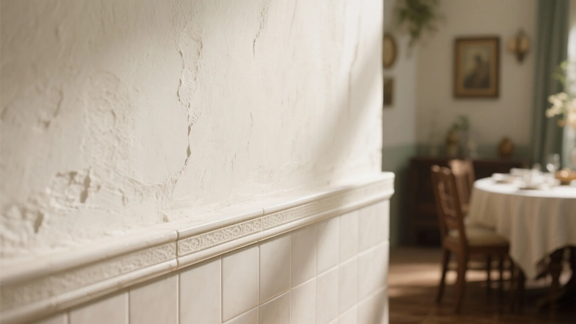 Textured white wall above ceramic tiles with a blurred dining table and wooden chairs behind
