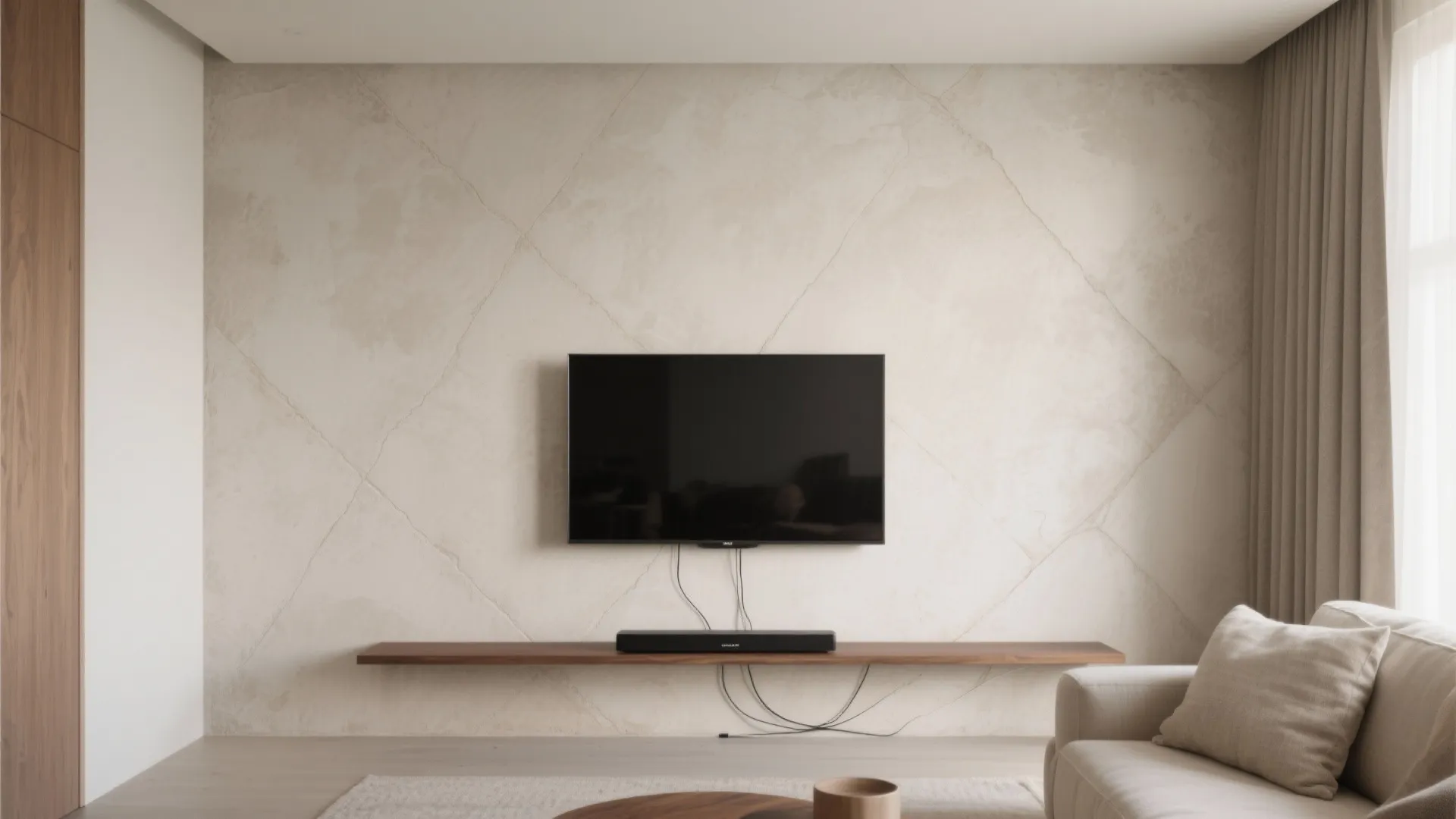 Light beige wall with diagonal patterns behind wall mounted television and long wooden floating shelf
