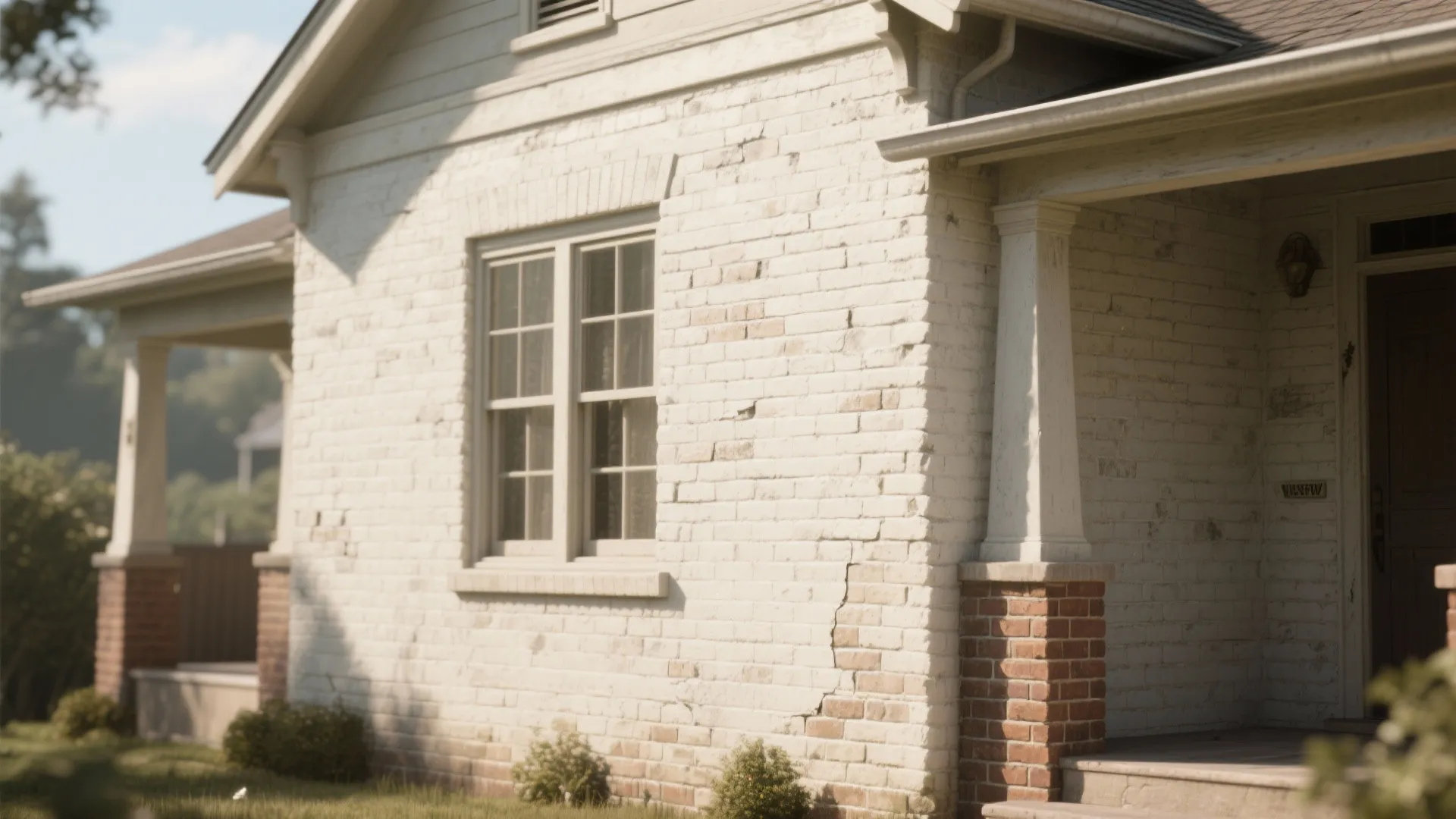 Close up view of a white brick house with red brick pillars and large windows