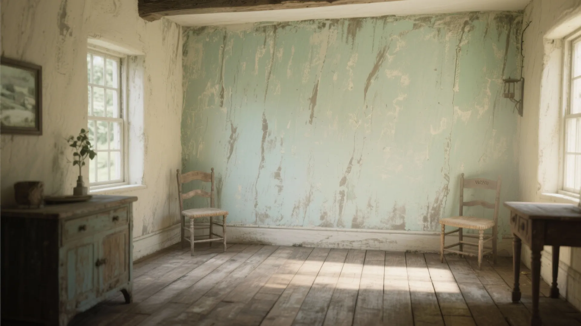 Vintage room with distressed light blue wall wooden floor two chairs and rustic storage cabinet
