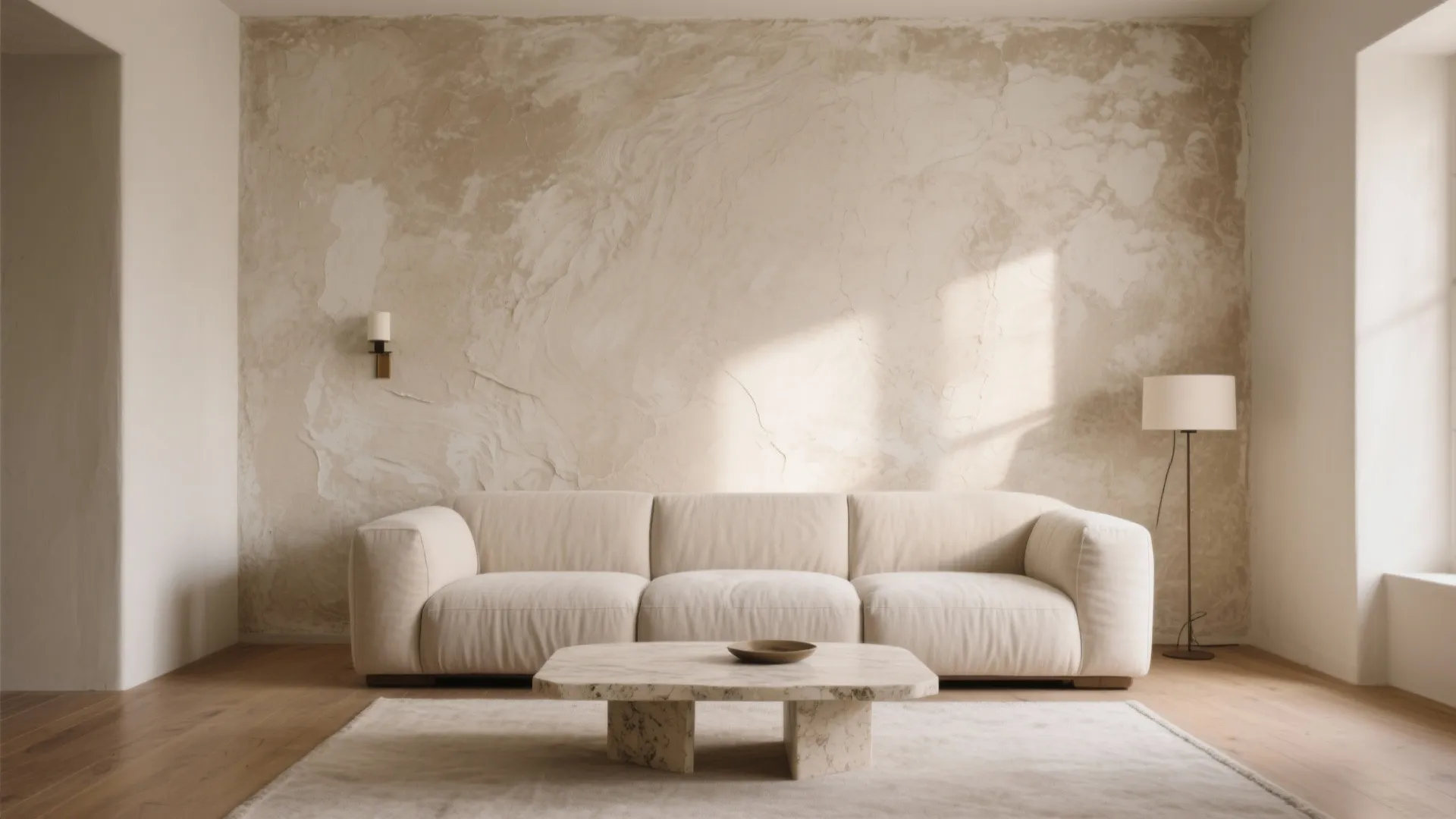 Beige textured wall behind white sofa marble coffee table floor lamp wall light and rug