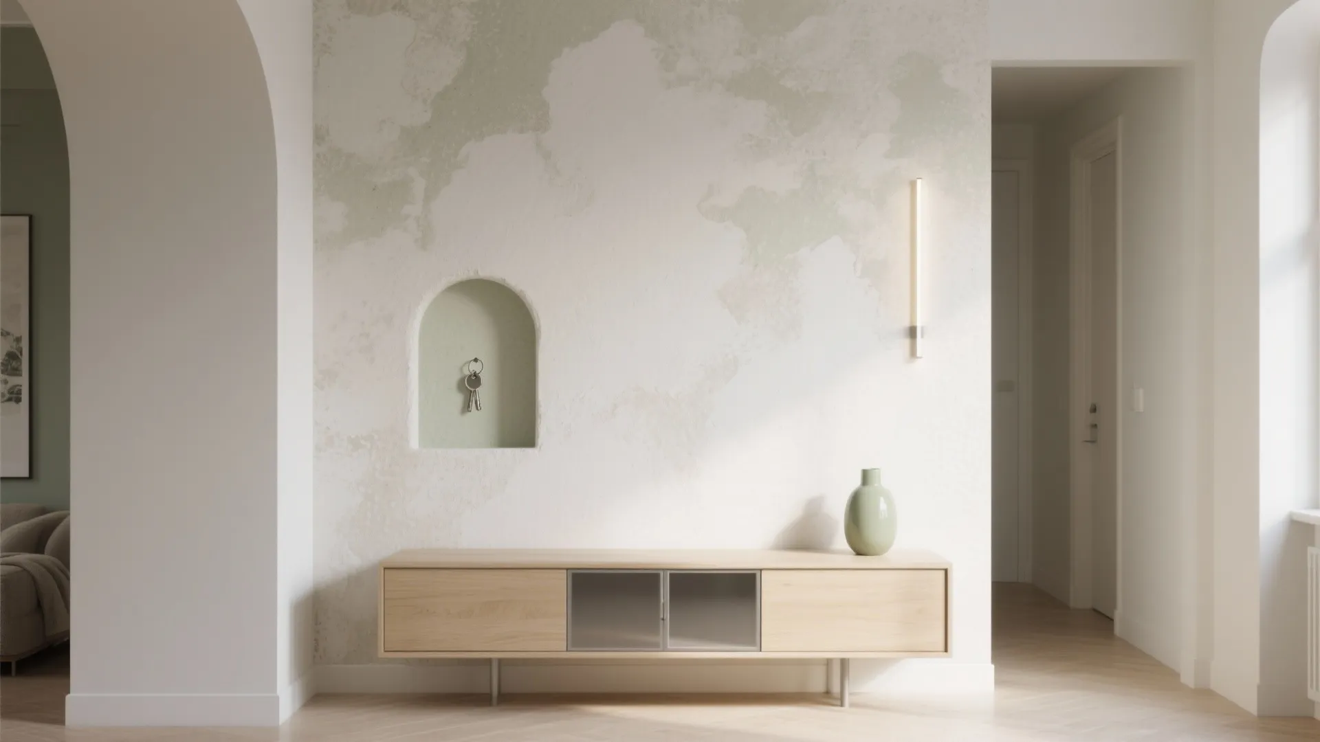 Modern entryway featuring textured wall paint with wooden cabinet and a small arched wall niche