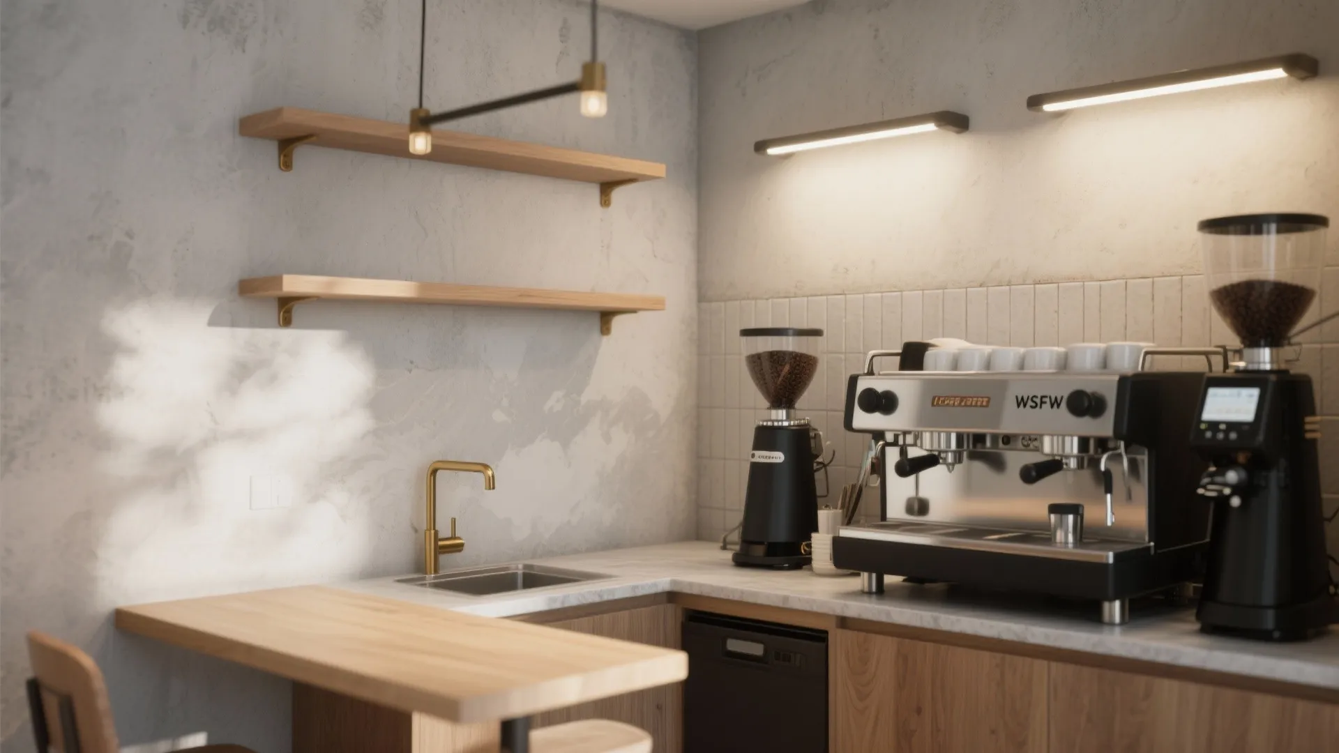 Modern coffee station featuring grey textured walls, wooden shelves, professional coffee machine, and gold faucet