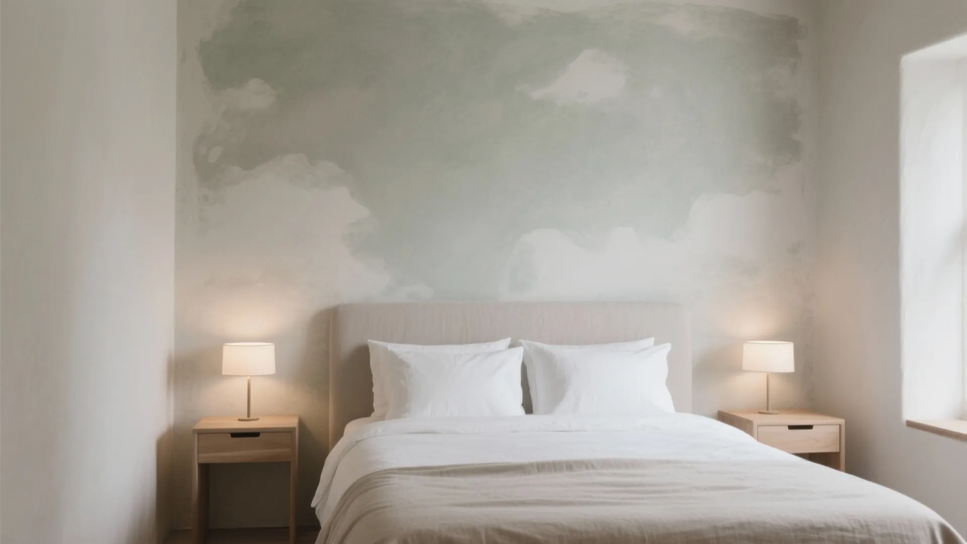 Bedroom featuring textured green paint walls, two table lamps on wooden nightstands, and white bedding