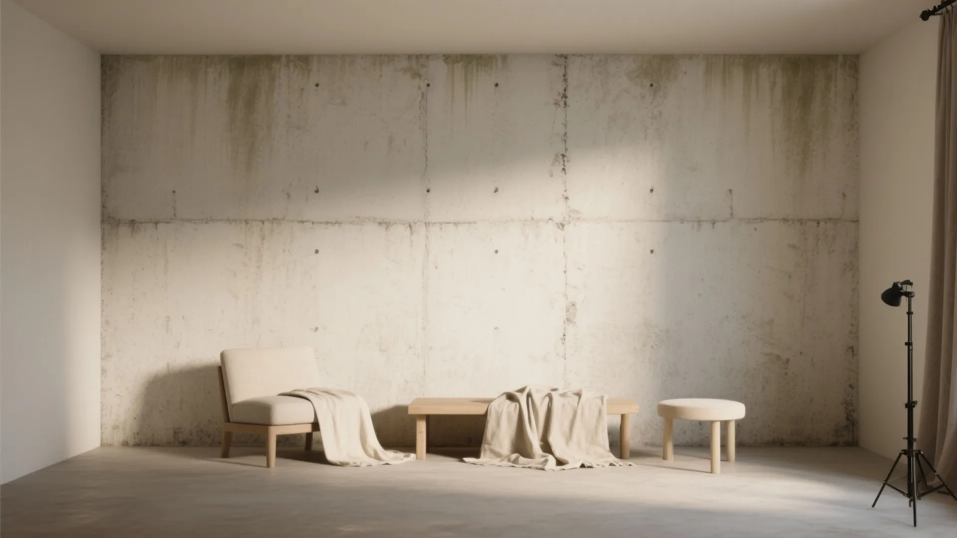 Minimalist room with textured concrete wall featuring white chair bench stool and black studio light