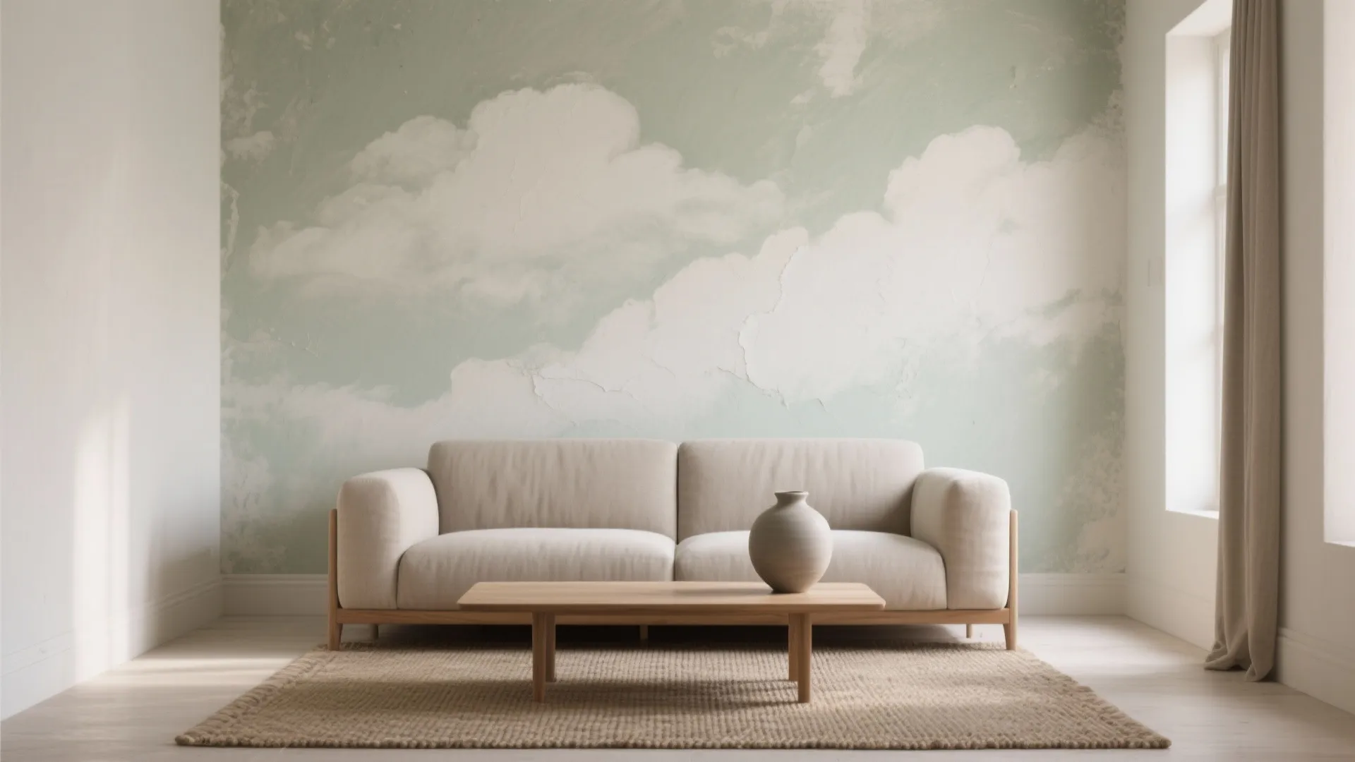 Beige sofa in front of green cloud wall with wooden coffee table on a rug