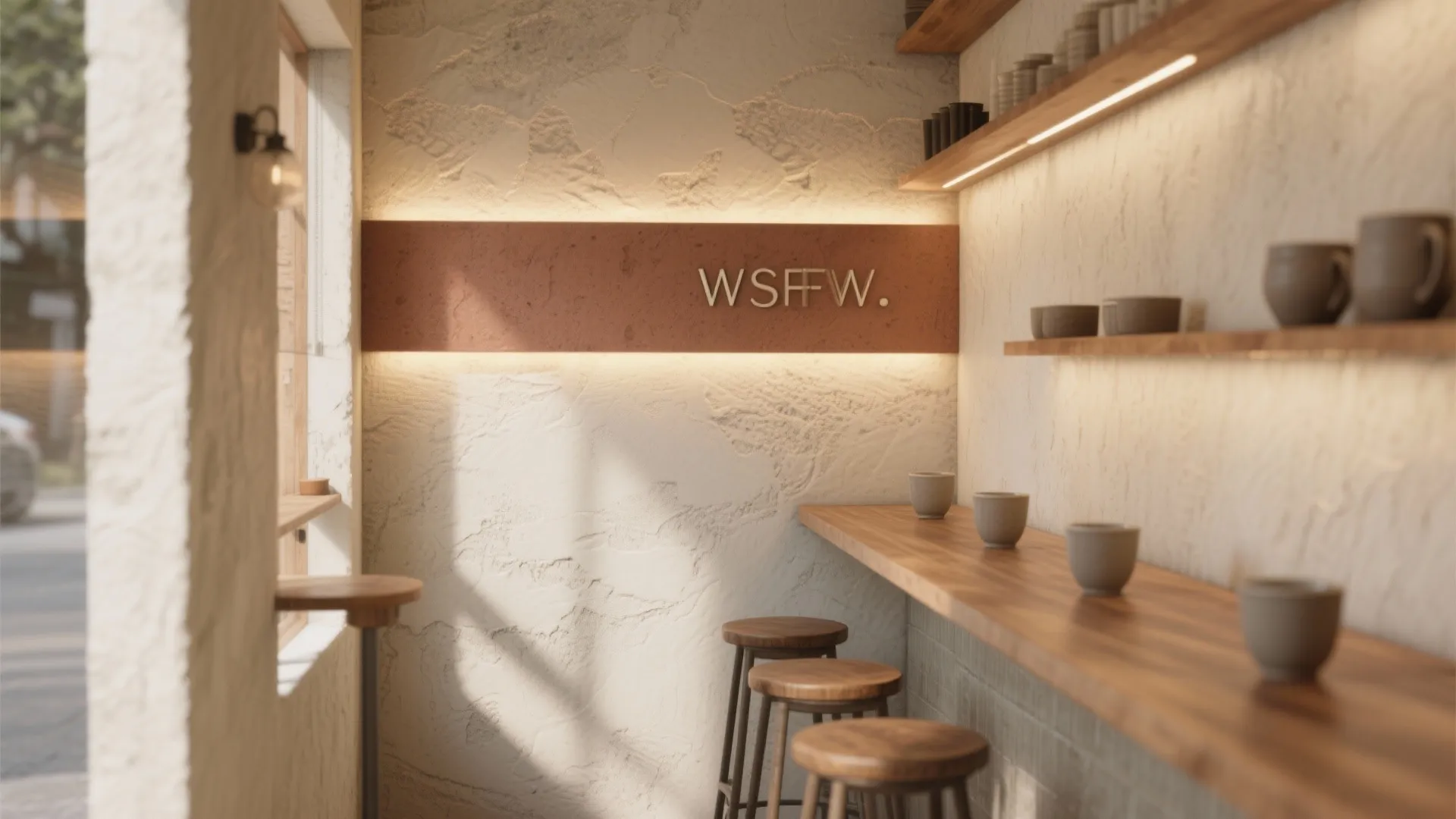 Small coffee shop interior with wooden bar counter stools wall shelves and warm hidden light fixture
