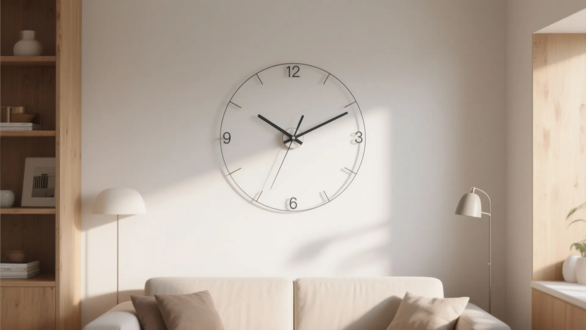 Minimalist wall clock with black lines on white wall above beige sofa in bright room