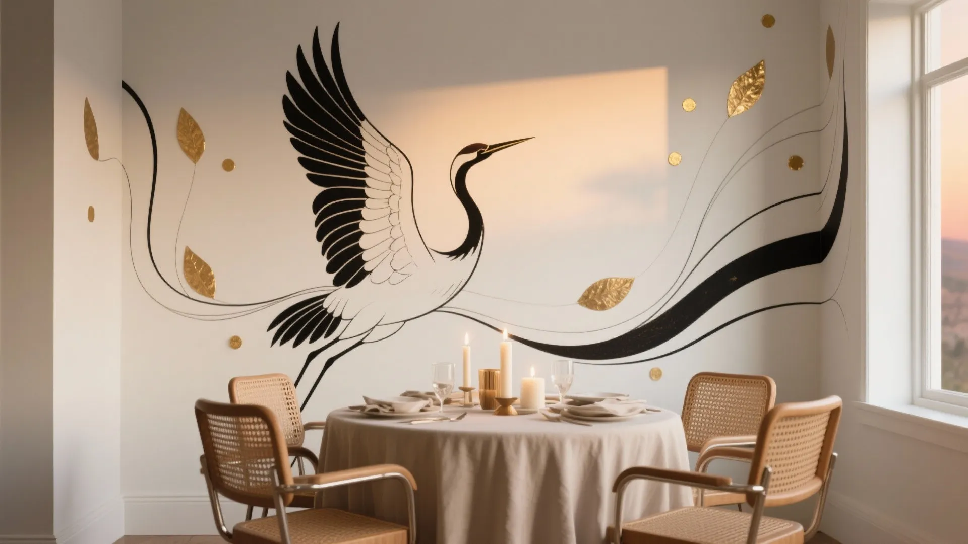 Monochrome Line-Art Cranes (with subtle metallic highlights)