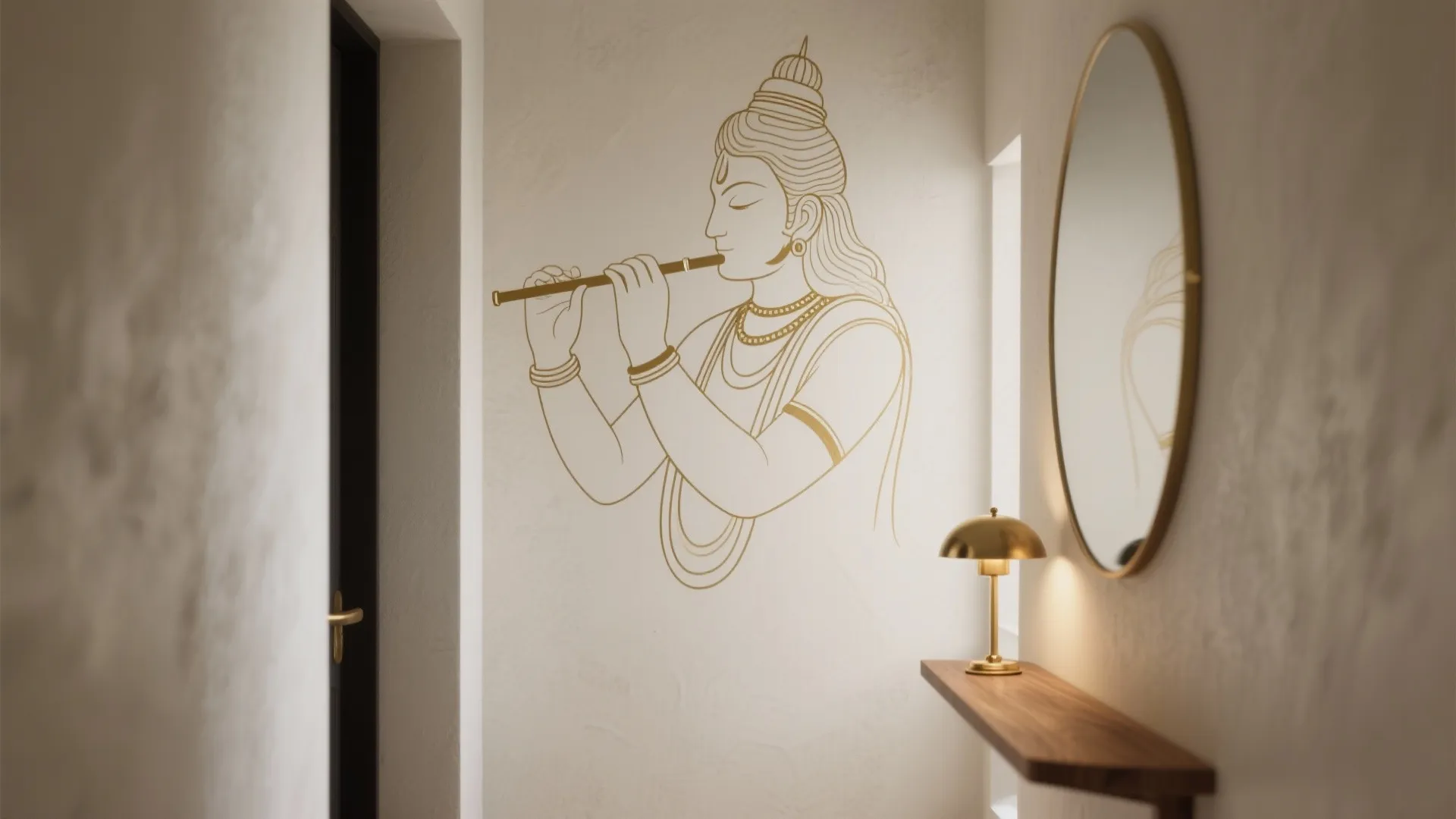 Entryway with gold line art on wall wooden shelf small table lamp and round mirror