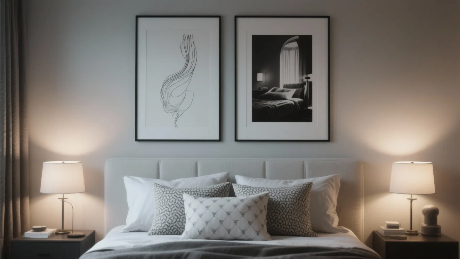 Minimalist bedroom with two black framed art prints above white bed with grey patterned pillows