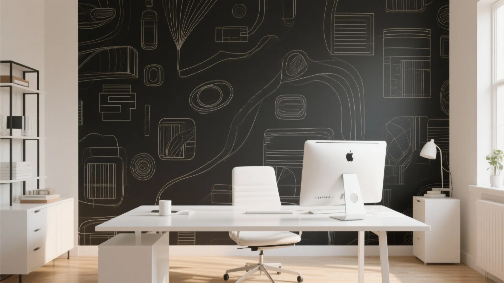 Home office with minimalist black line art wallpaper