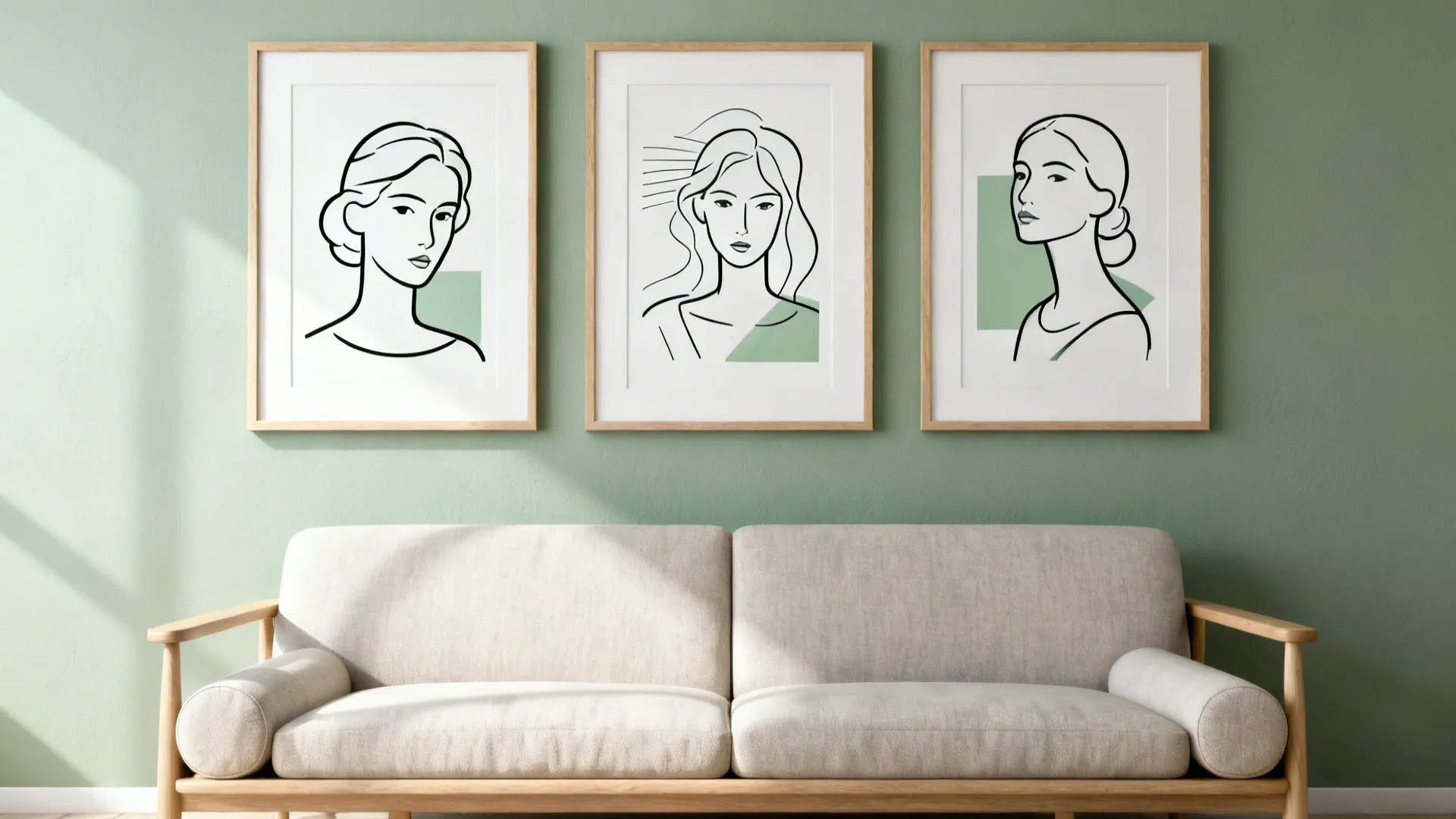 Minimalist black-and-white line art prints with sage green accents on a sage wall in a Scandinavian living room