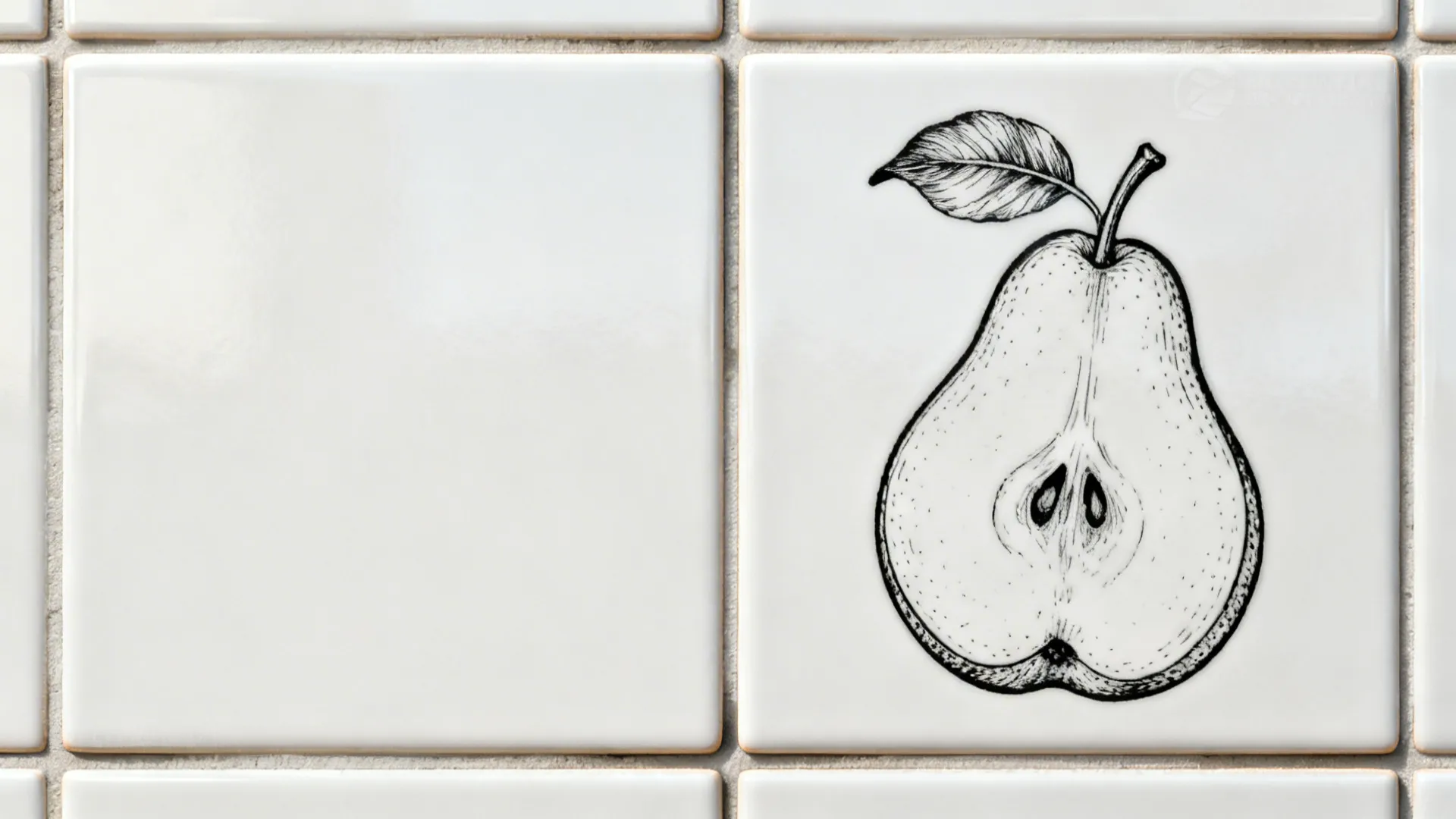 Macro of a matte white tile with a crisp monochrome pear line drawing and clean grout.