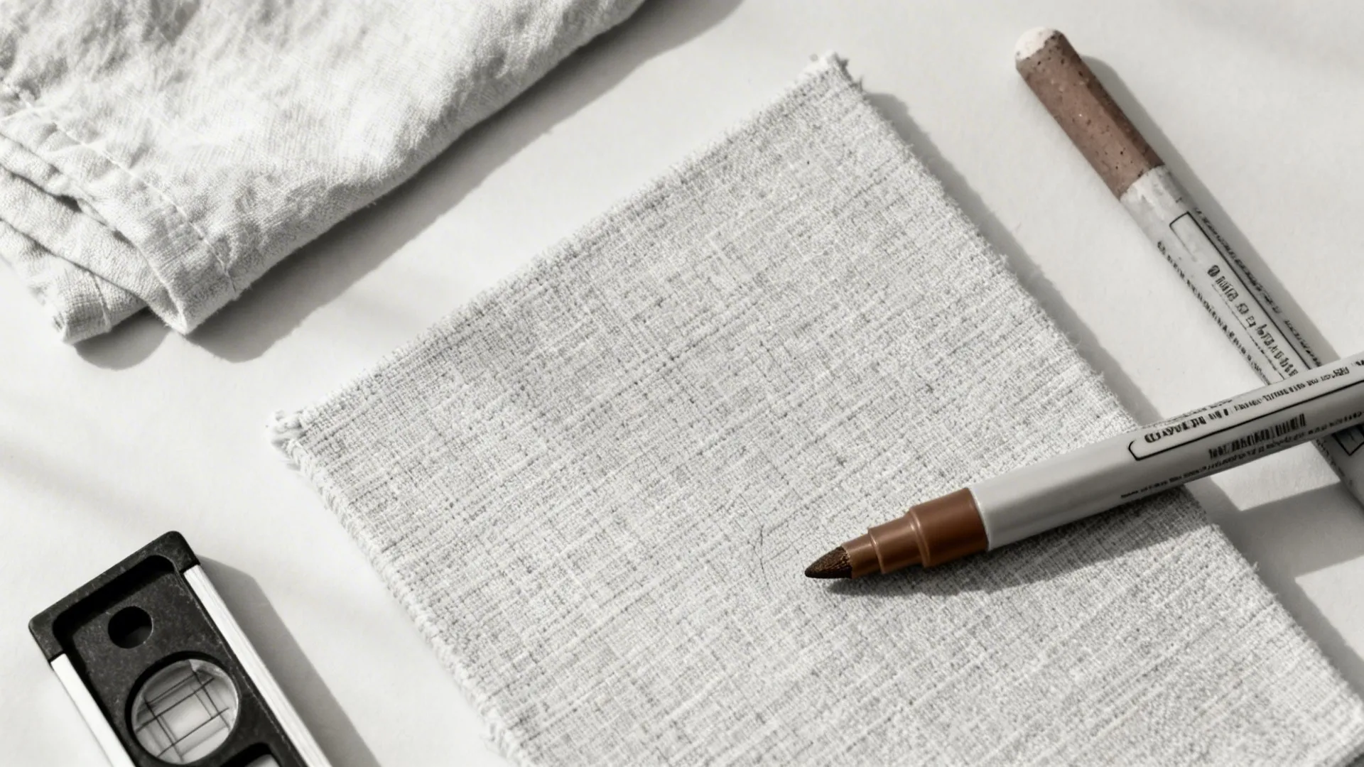 Top-down view of canvas, paint marker, chalk, and cloth for monochrome line art.