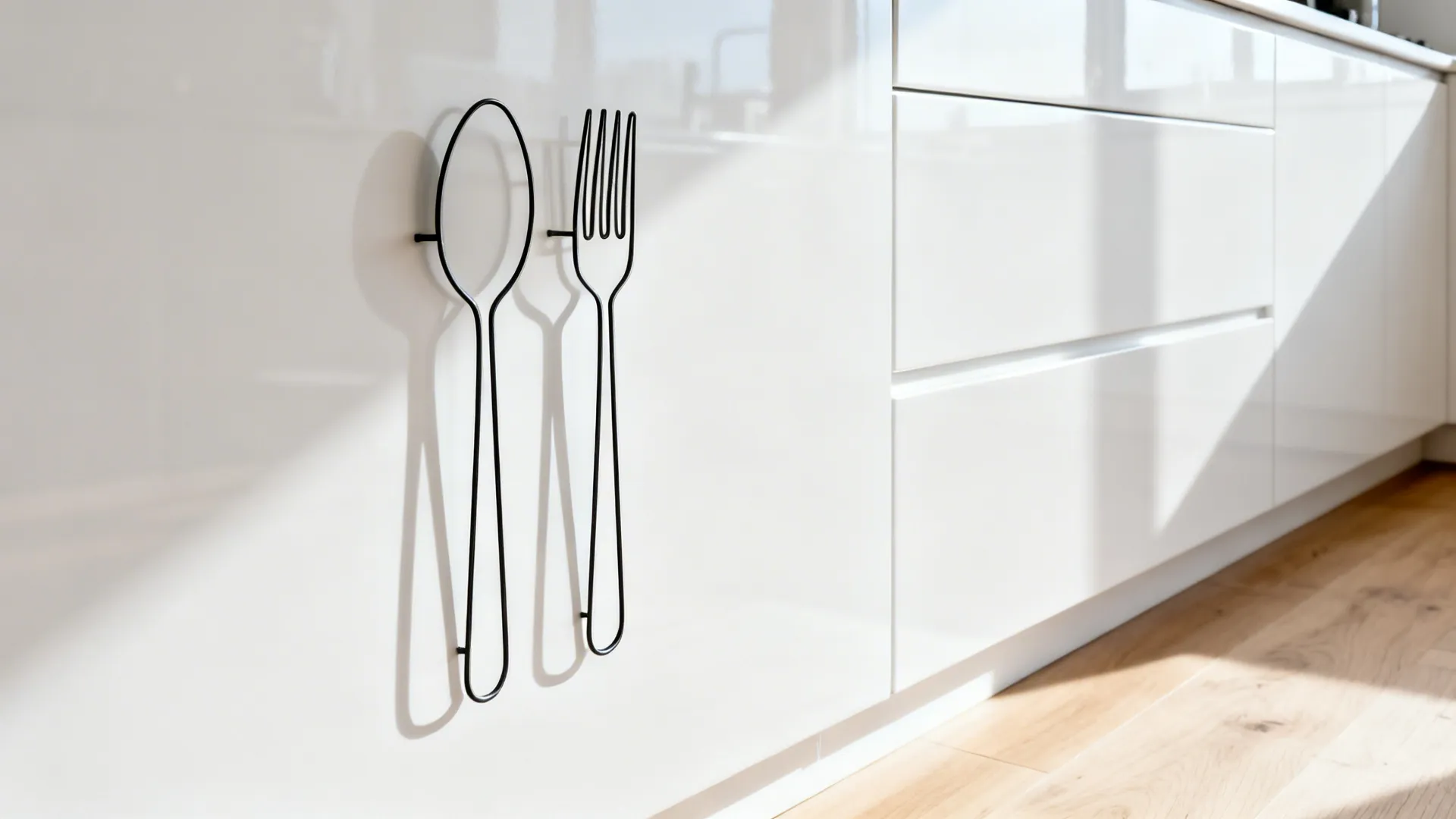 Slim black wire spoon and fork line-art on a white wall with soft shadows in a modern kitchen.