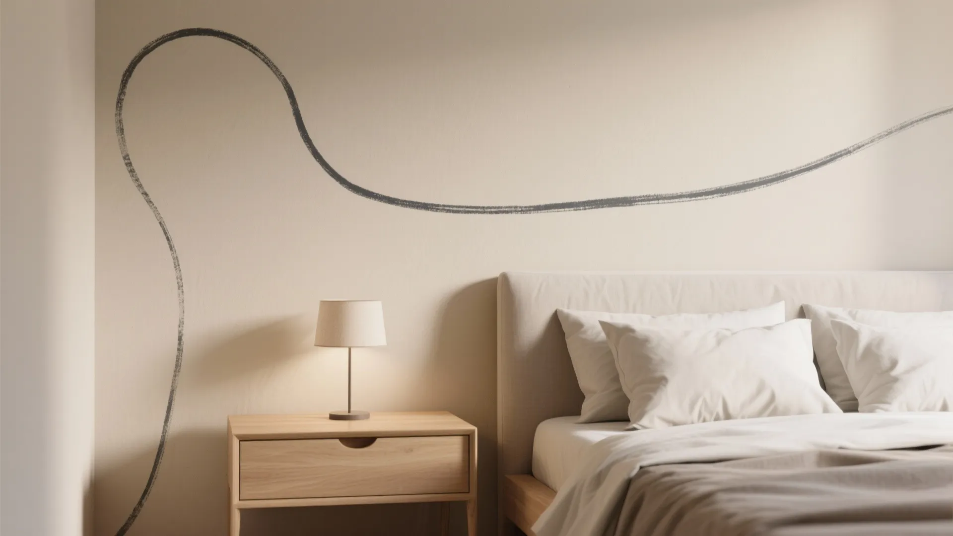 Minimalist bedroom featuring a cream wall with a black curved line mural and wooden nightstand