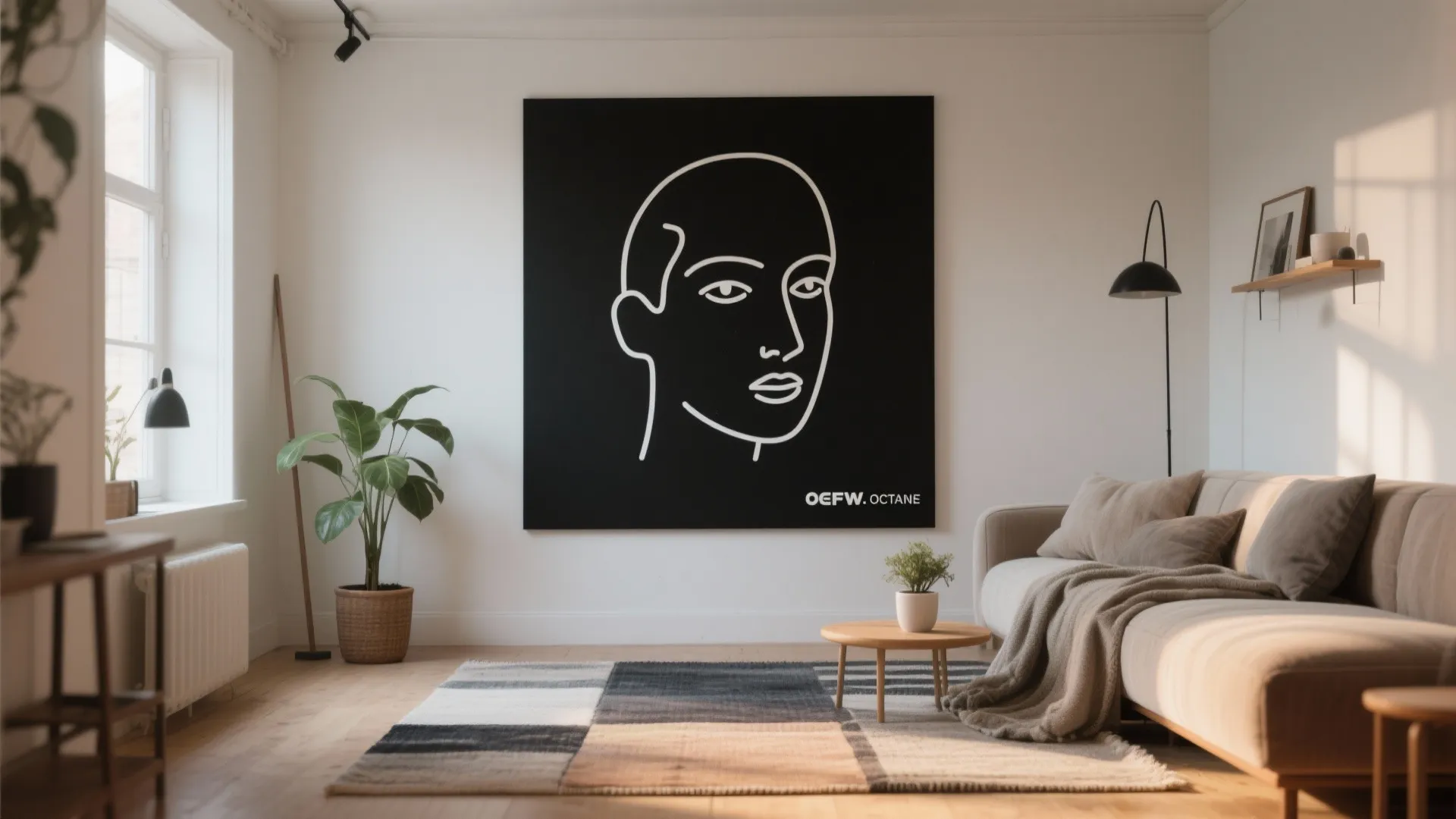 Minimal white line portrait on a black panel in a cozy studio softened by textiles and plants.