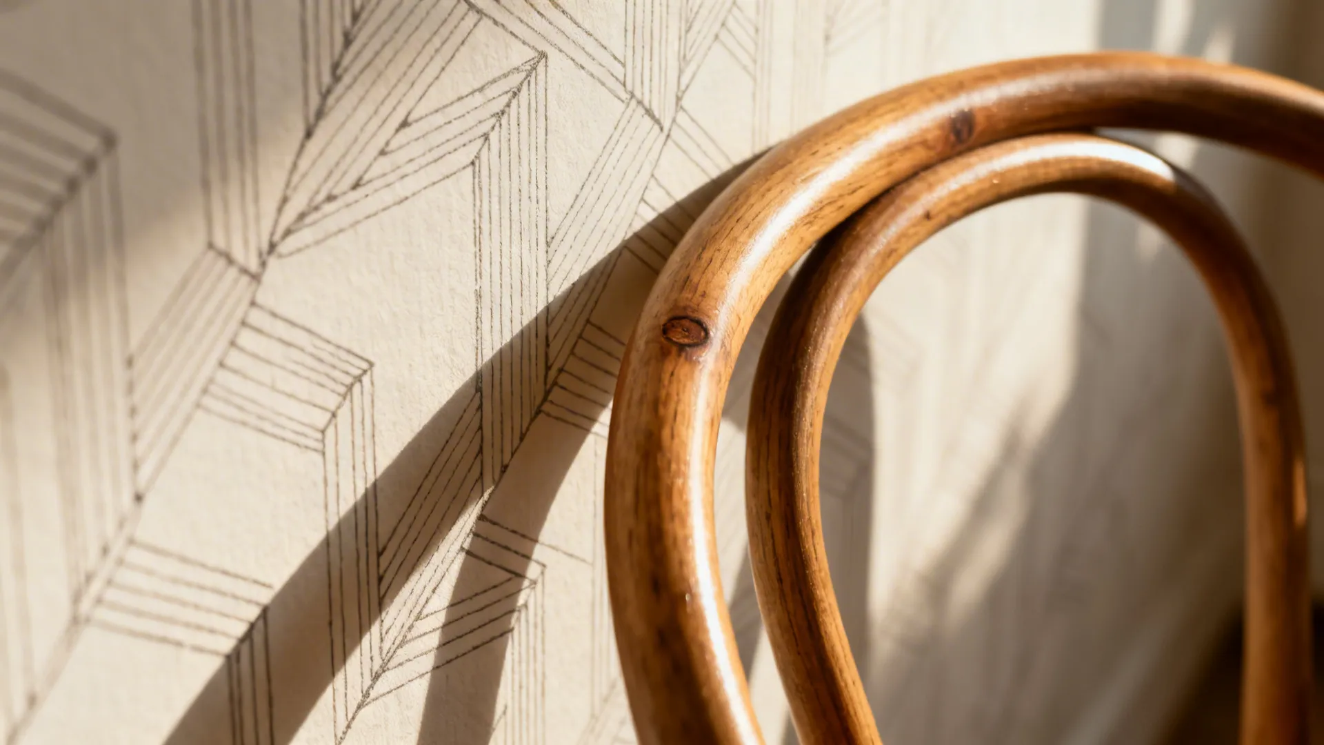Macro of delicate line-drawing wallpaper beside a curved wishbone chair back.