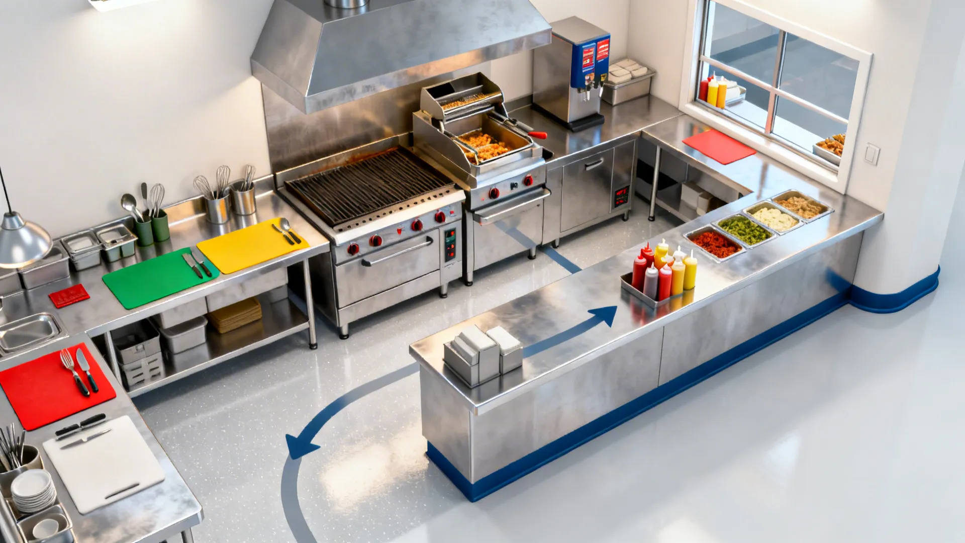 Top-down view of prep, cook, assembly, and pass zones in a linear fast food kitchen.