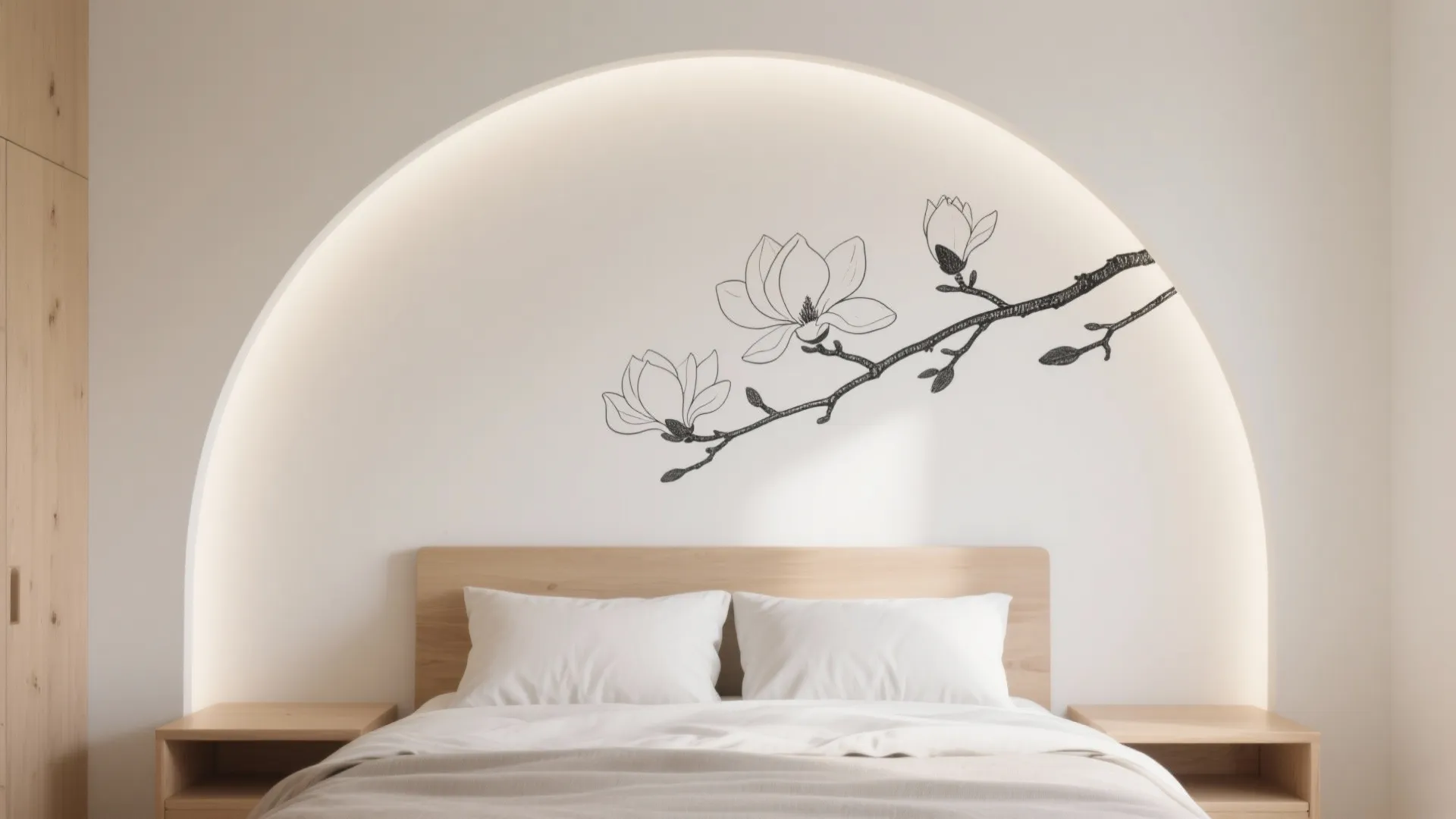 Modern bedroom with arched wall alcove showing simple black line drawing of a flowering branch