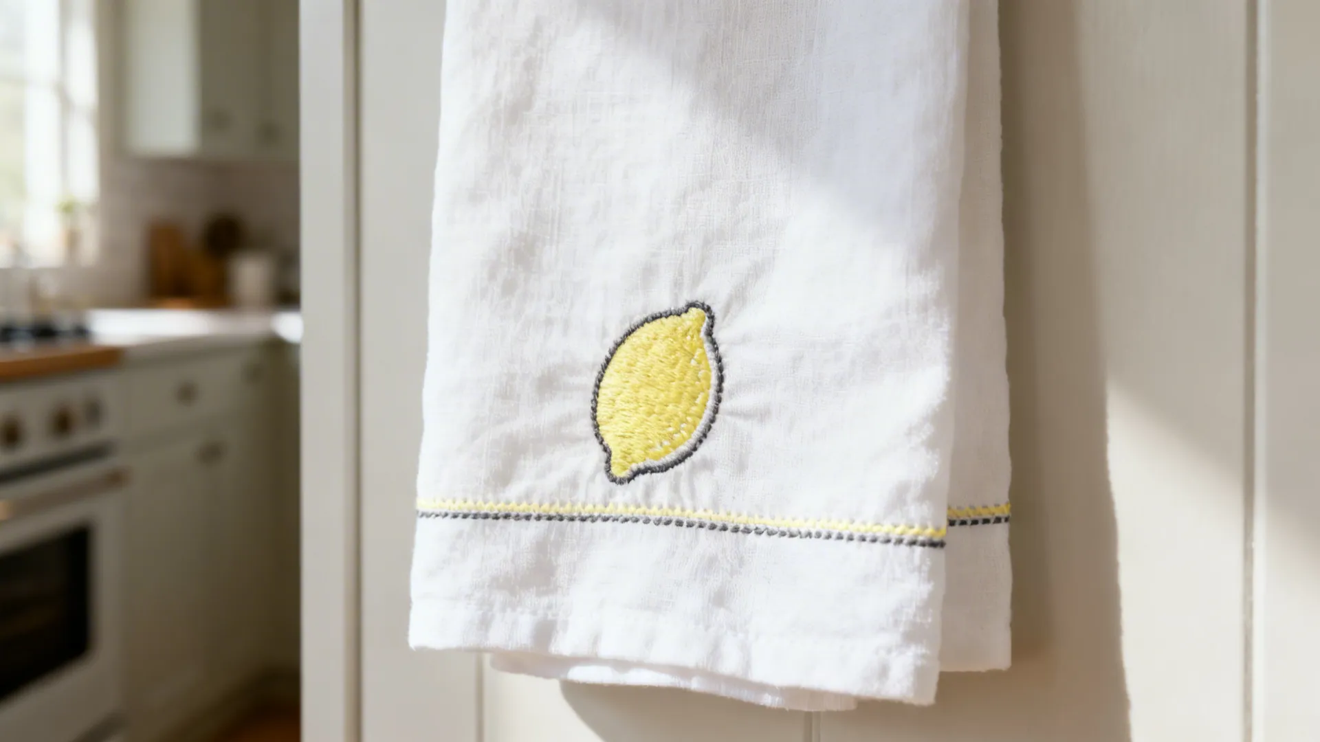 White kitchen towel with a small yellow lemon embroidery hanging in a bright modern kitchen