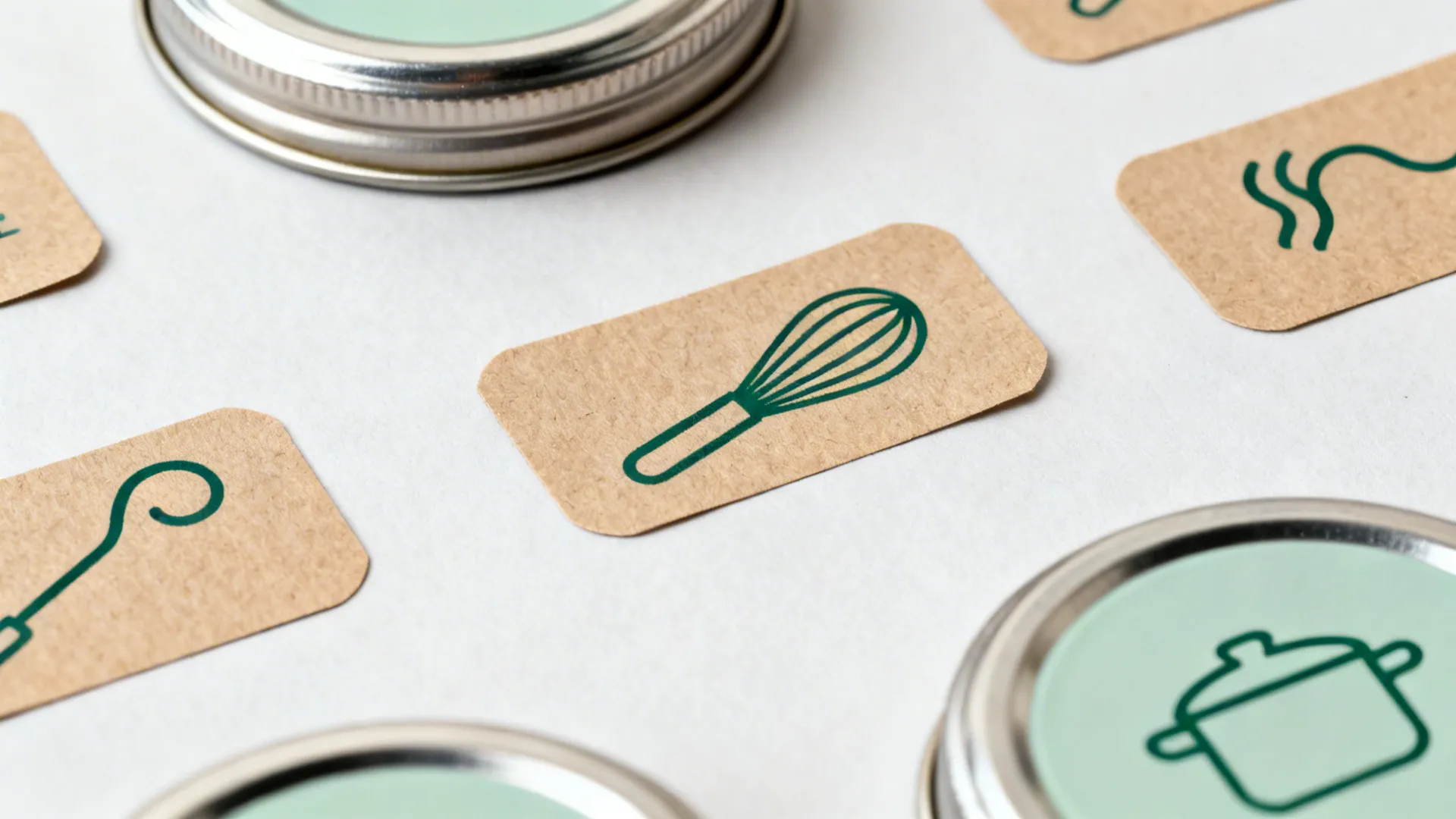 Macro view of single-stroke kitchen icons on kraft stickers and enamel lids.