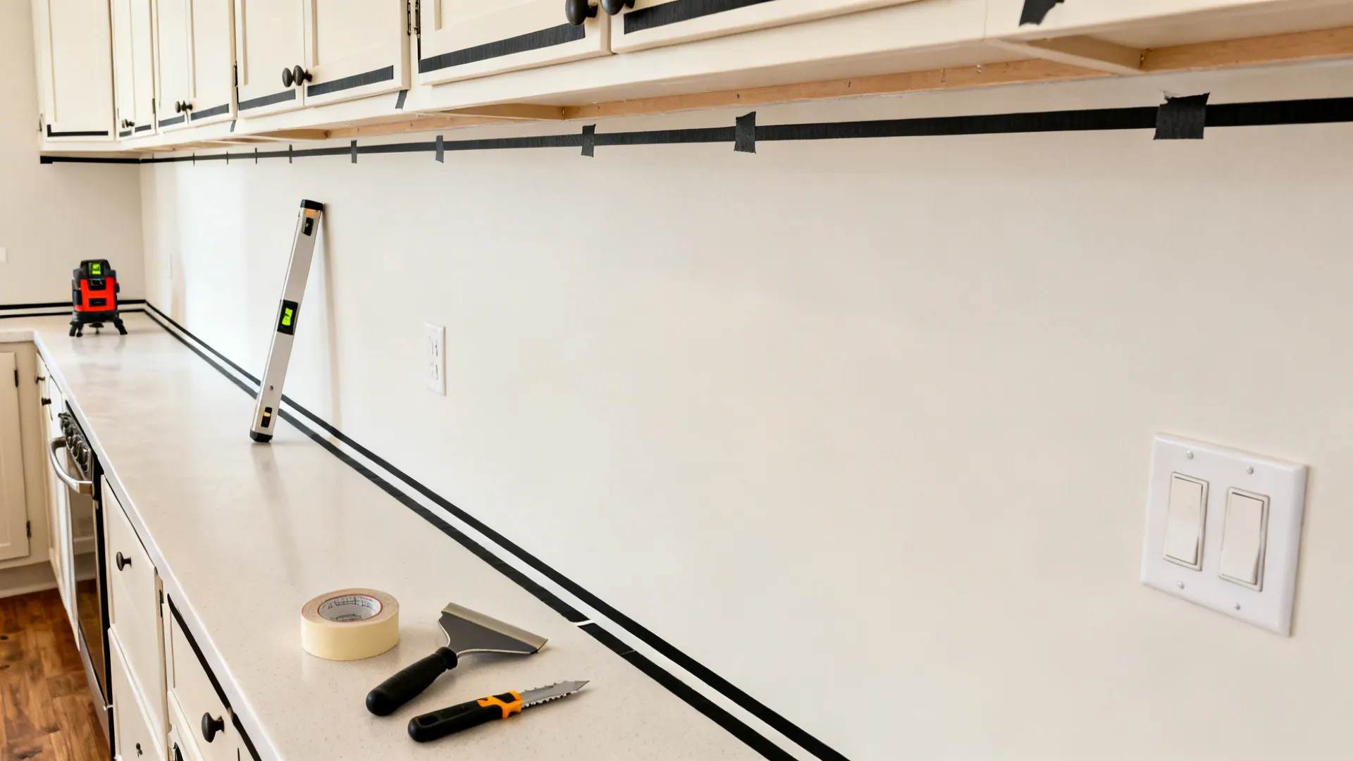 Top-down view of painter’s tape guides and tools aligning slim black line decals along a kitchen wall.