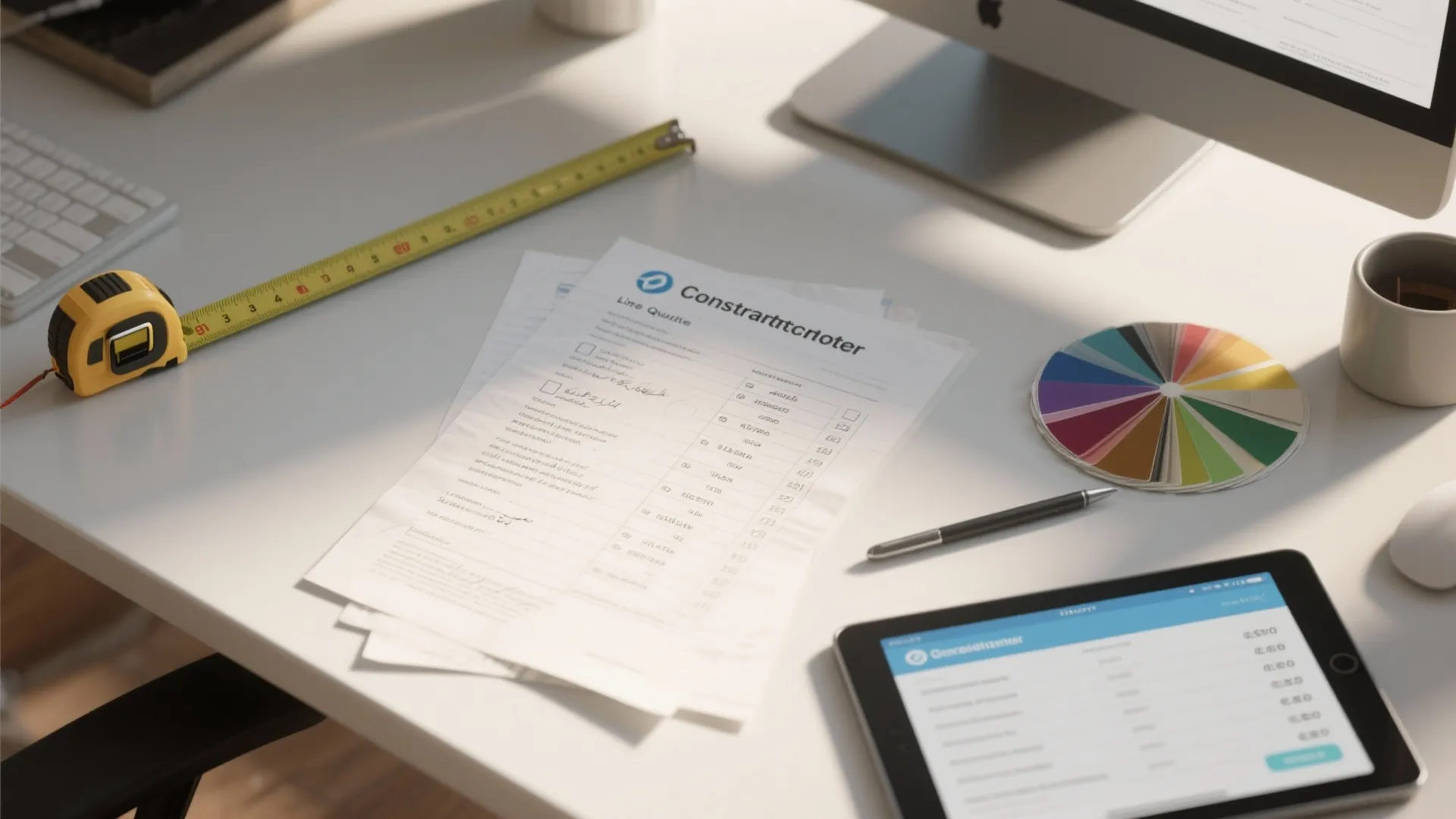 Desk with tape measure, design documents, color wheel, tablet, pen, and a computer screen monitor